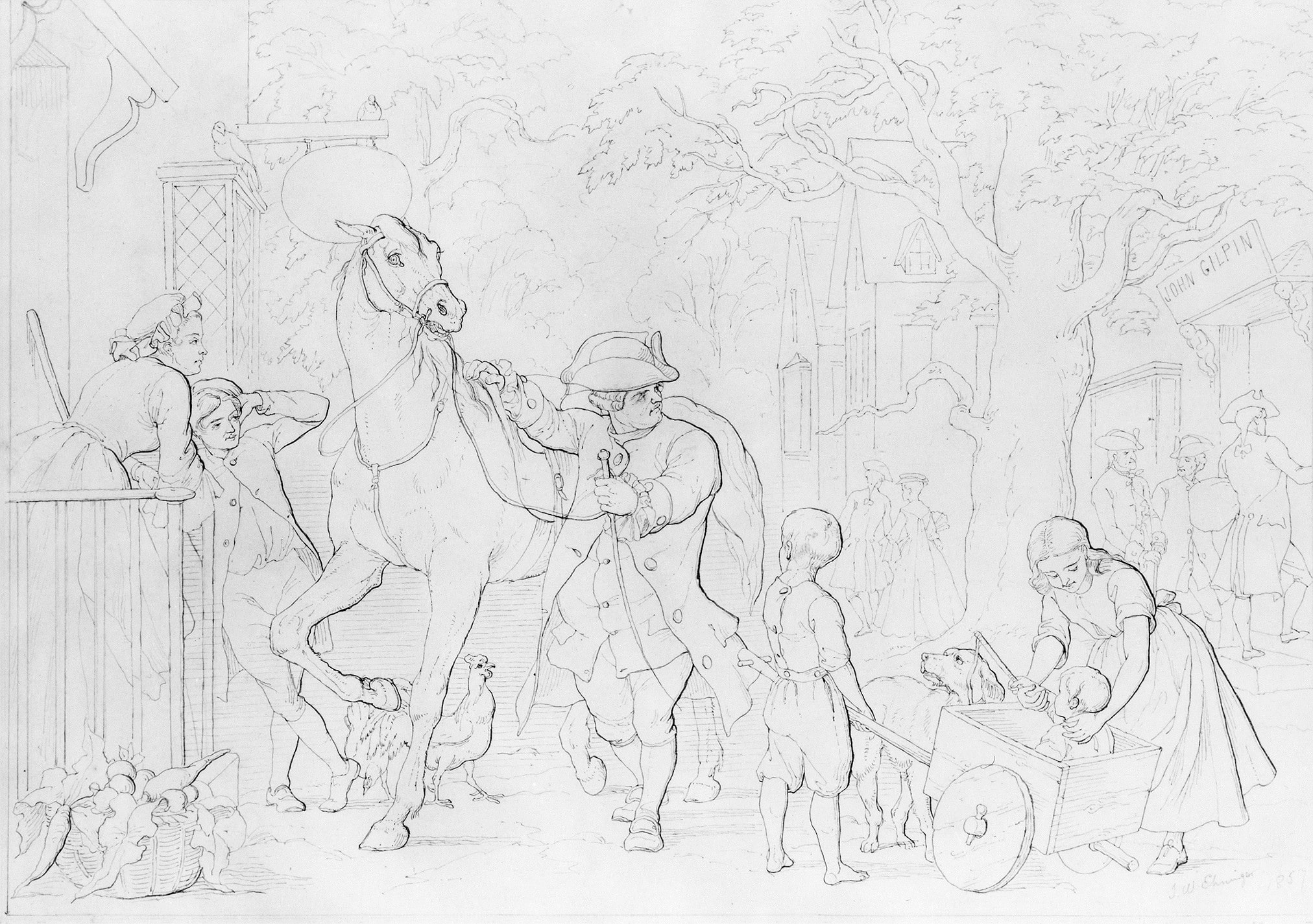 Illustration to William Cowper's Poem "The Diverting History of John Gilpin": John Gilpin Is Delayed Going to Church by Three Customers Entering His Linendraper's Shop