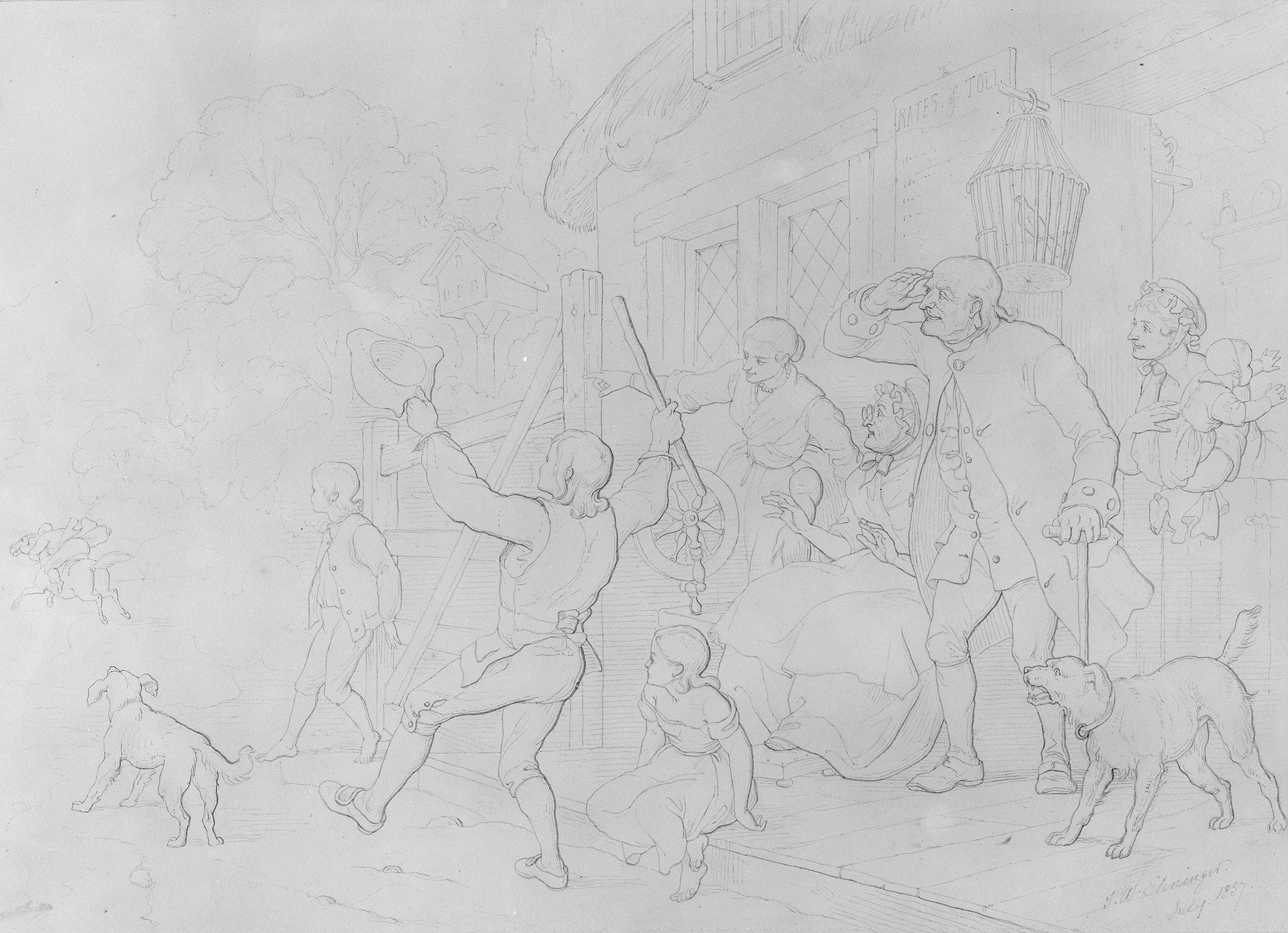 Illustration to William Cowper's Poem "The Diverting History of John Gilpin": John Gilpin's Neighbors Cheer His Speedy Departure from Town as His Horse Runs Away with Him