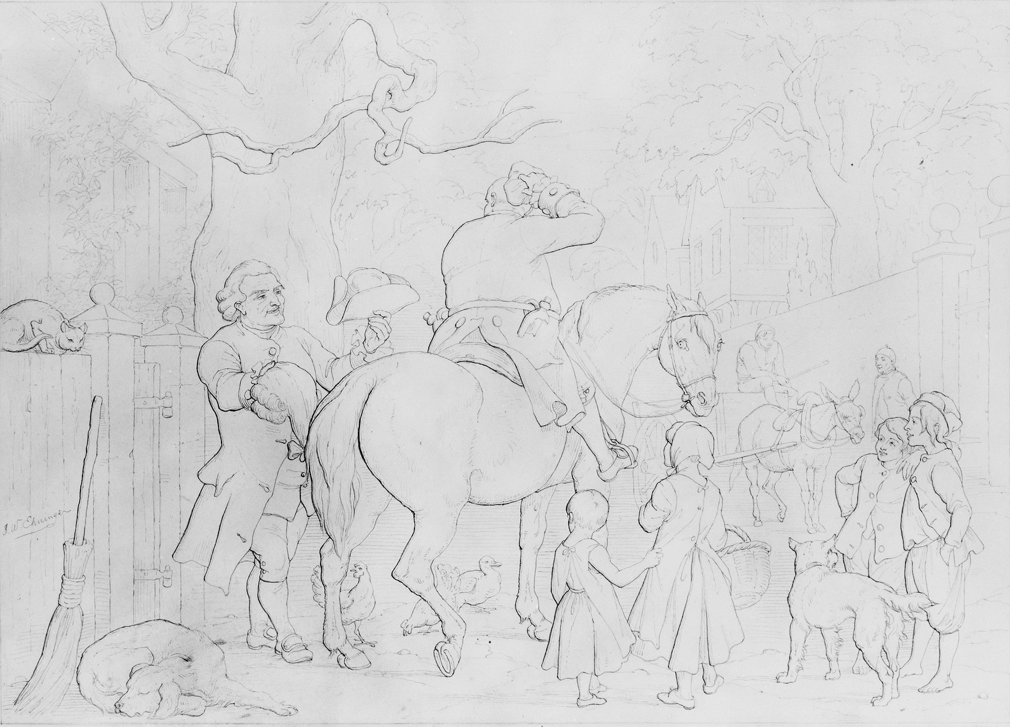 Illustration to William Cowper's Poem "The Diverting History of John Gilpin": The Calenderer of Ware Offers John Gilpin His Hat and Periwig