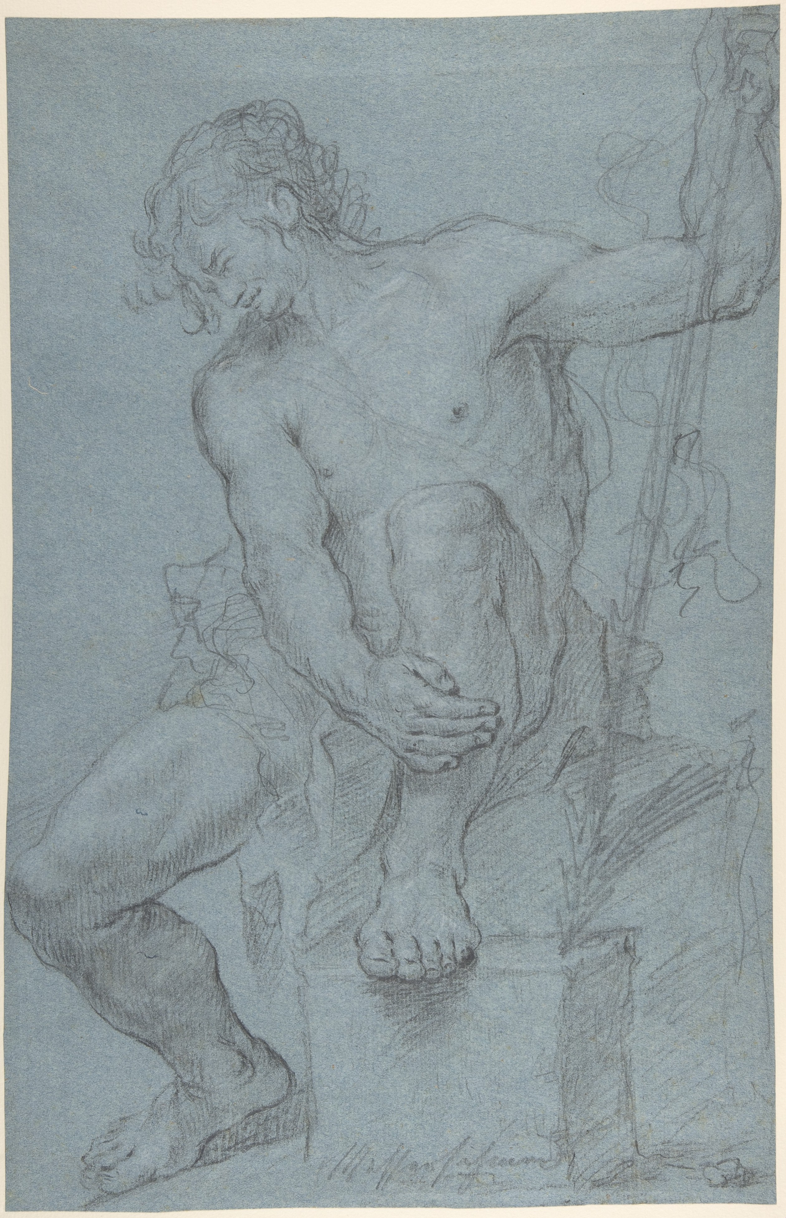 Seated Male Nude Holding a Staff