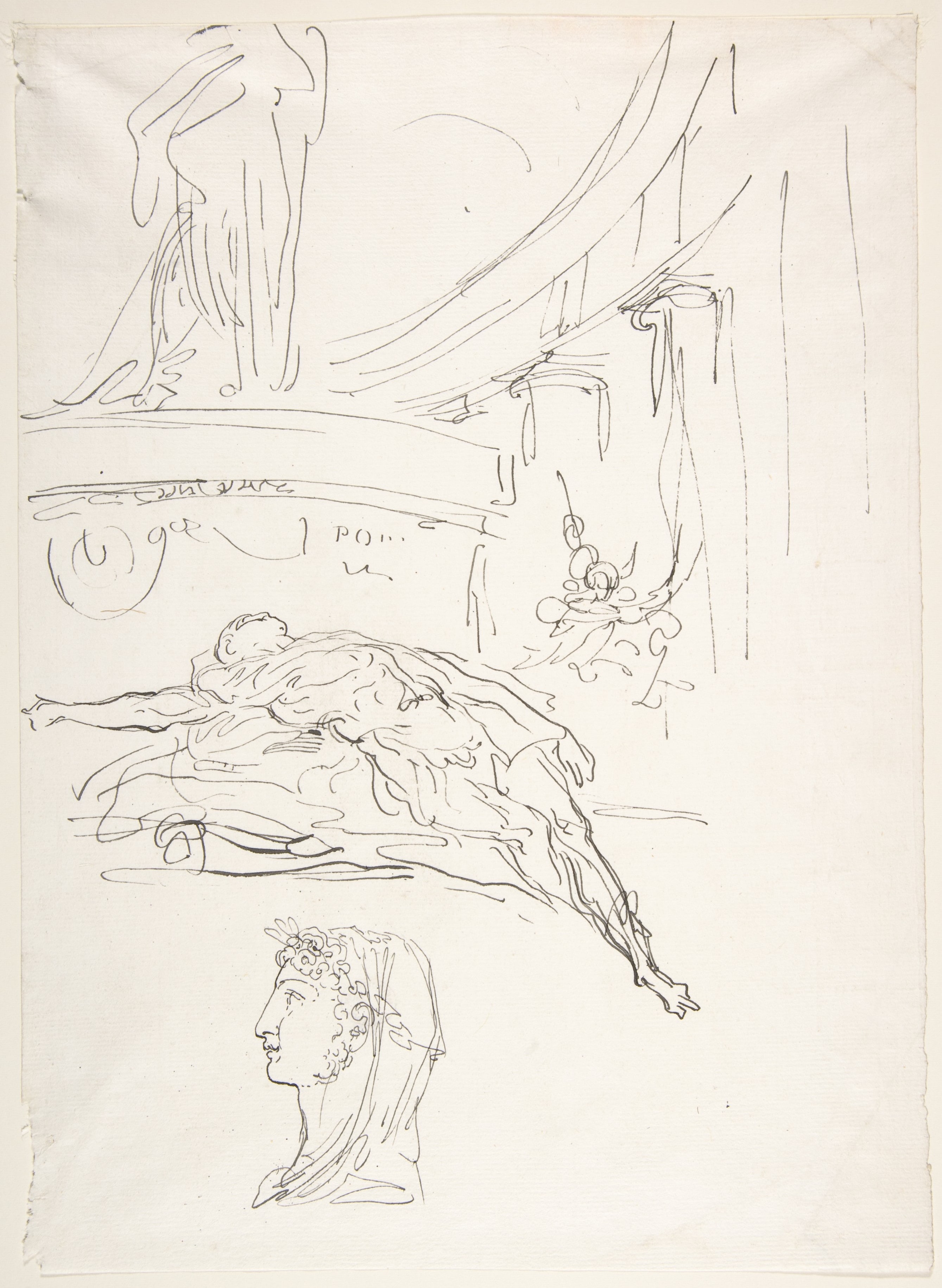 Sheet of Studies, Including a Roman Head, a Male Figure on a Pyre, and a Colonnade.