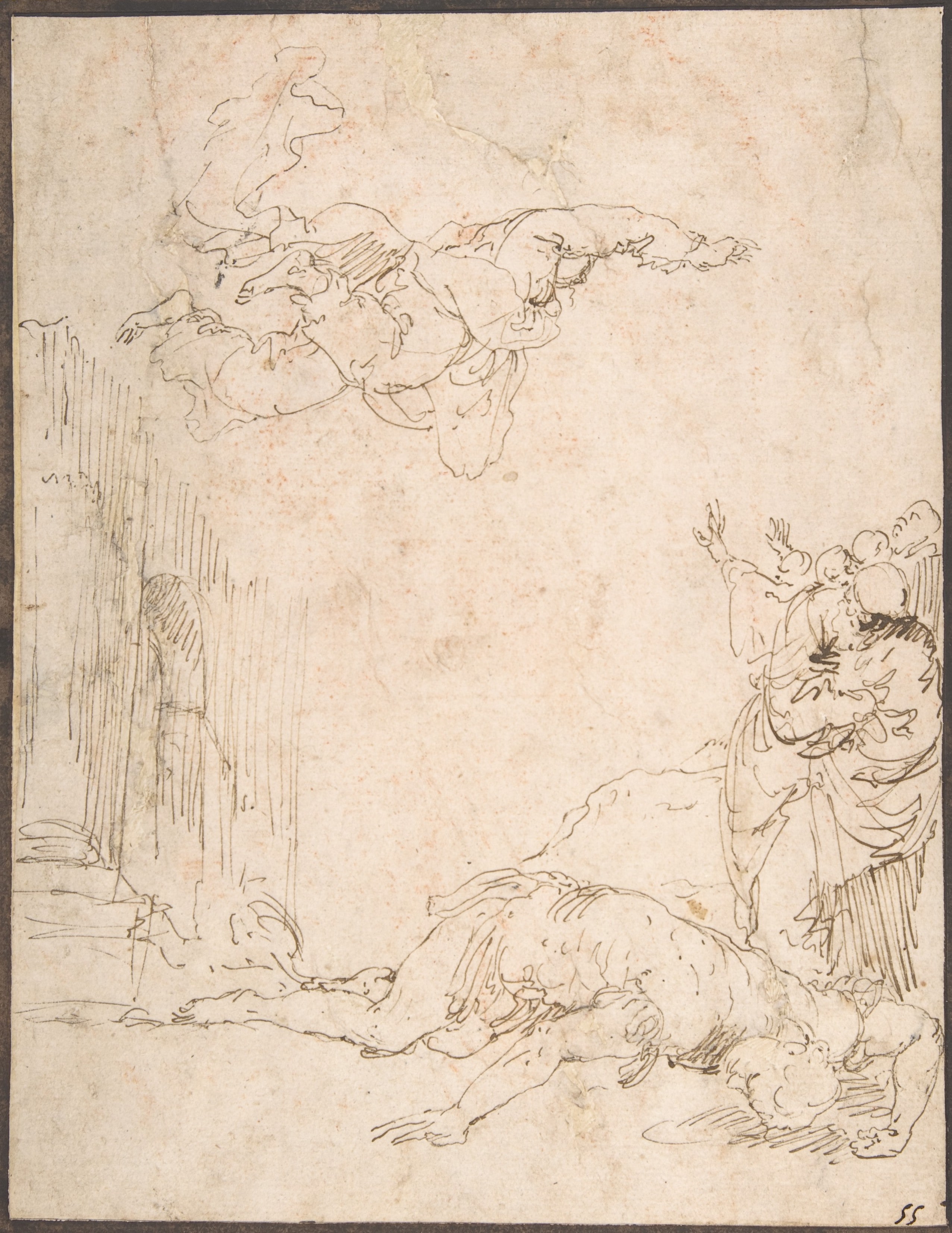 Unidentified Scene: Figures Watching a Fallen Giant and Another Figure Levitating