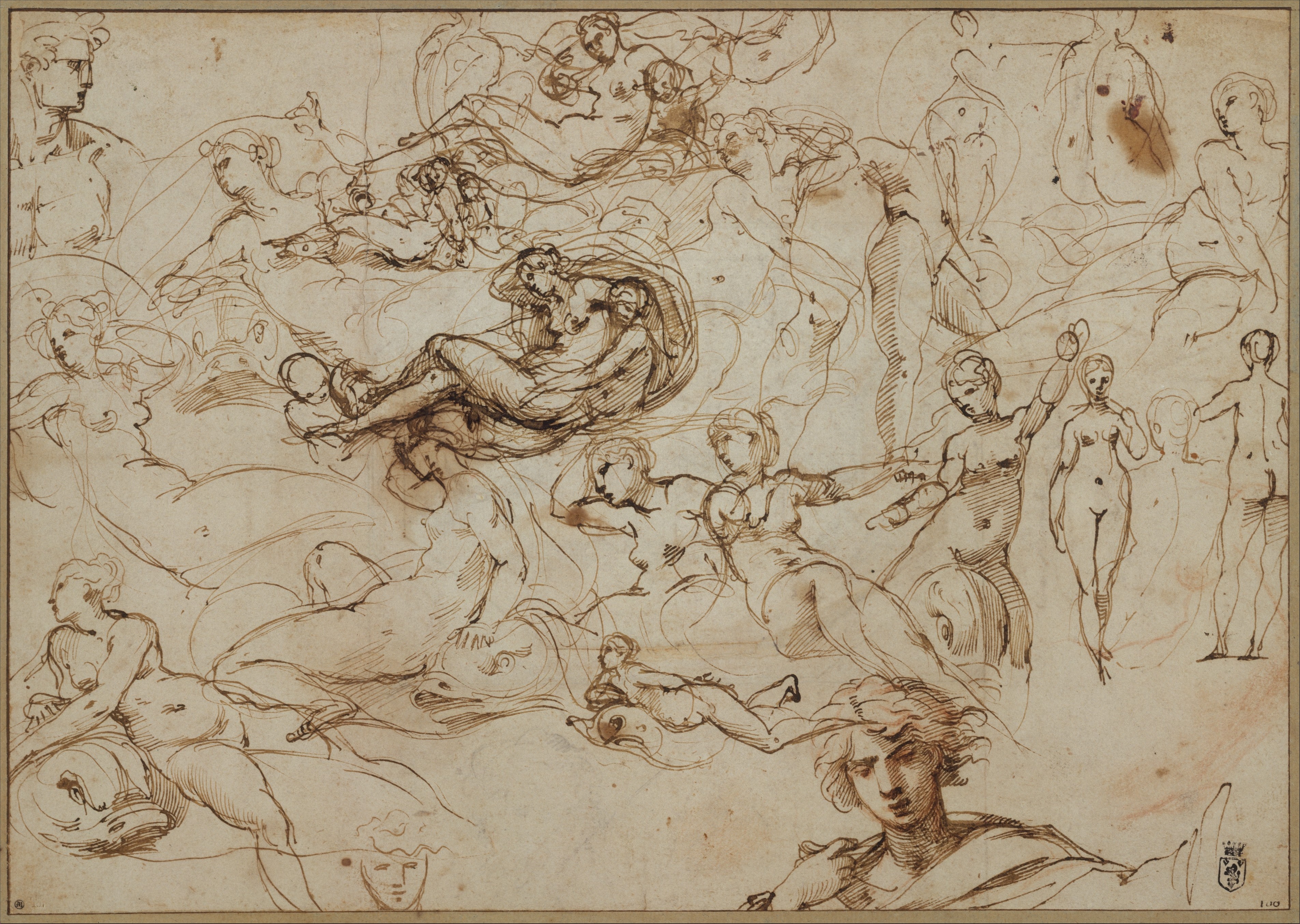 Figure Studies for Various Female and Male Figures (recto); Threes Amors in the Garden of Venus (verso)