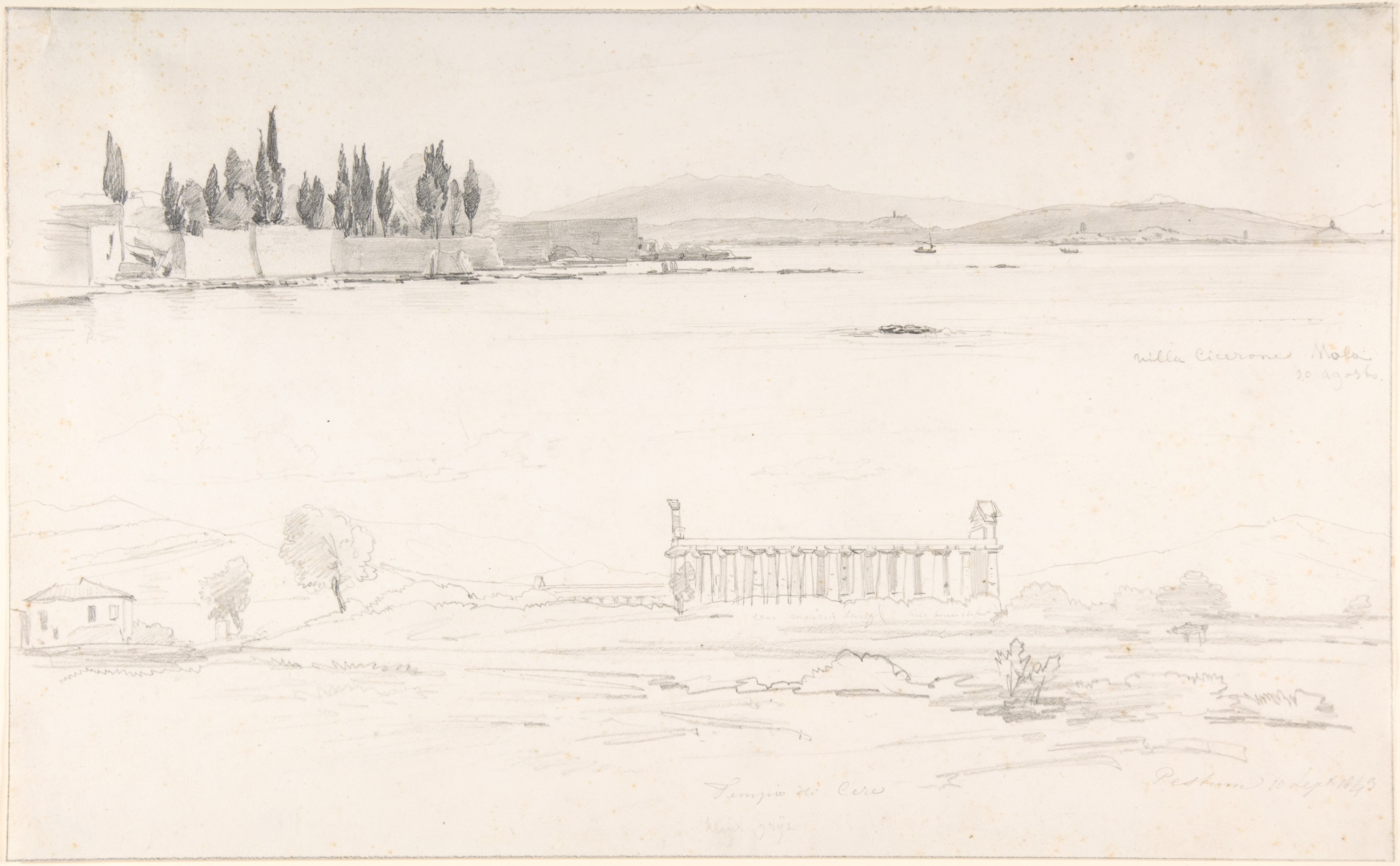 Studies of the Villa Cicerone at the Lago Lucrino near Naples and of the Temple at Paestum (Italy)