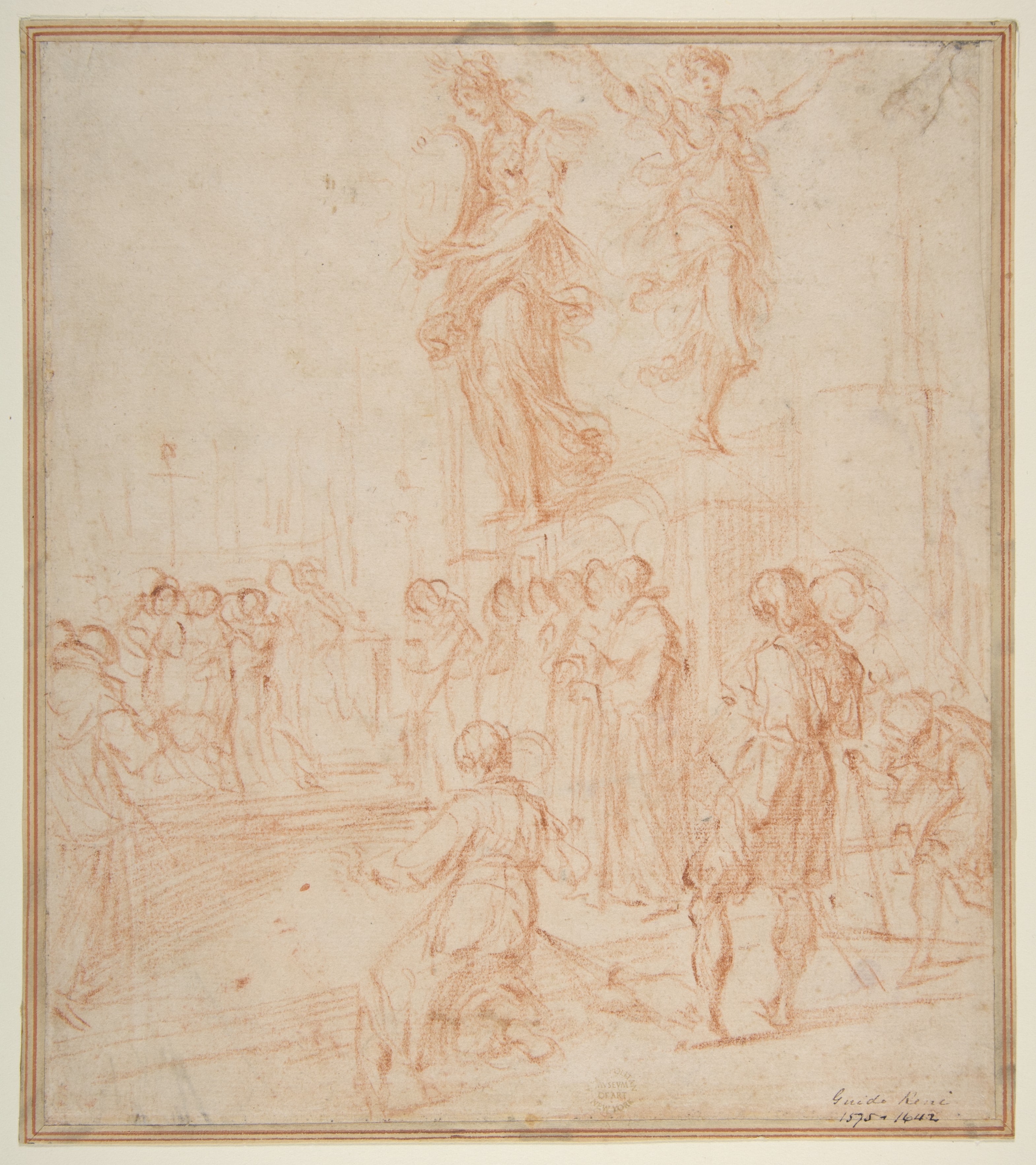 Figure Studies:  Woman holding a Shield, a Dancing Female, and a Priest Supported at an Altar before a Group of Onlookers