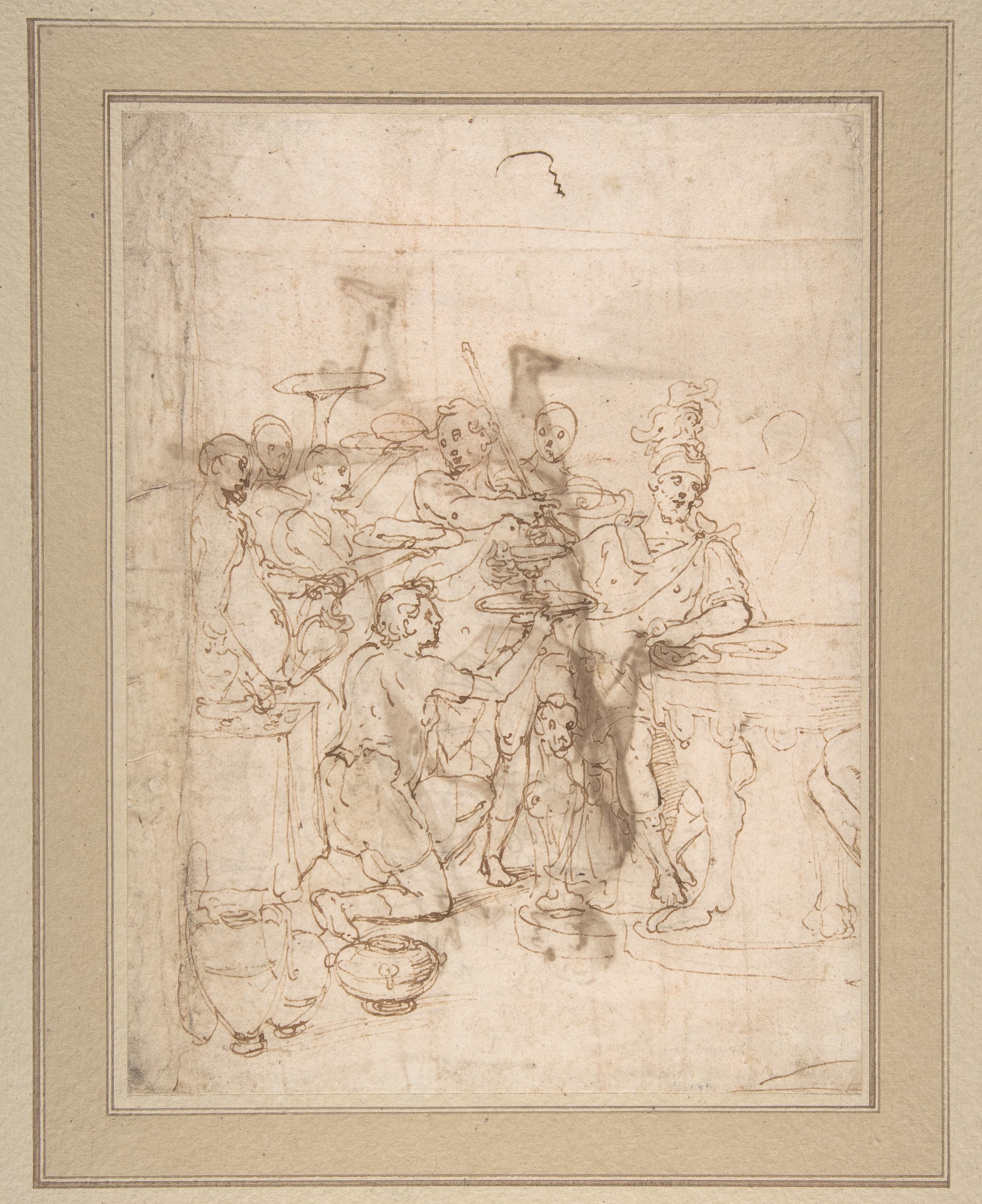 Banquet Scene: A Seated Warrior Attended by a Number of Servants (recto); Back View of a Standing Man in a Long Cloak (verso)