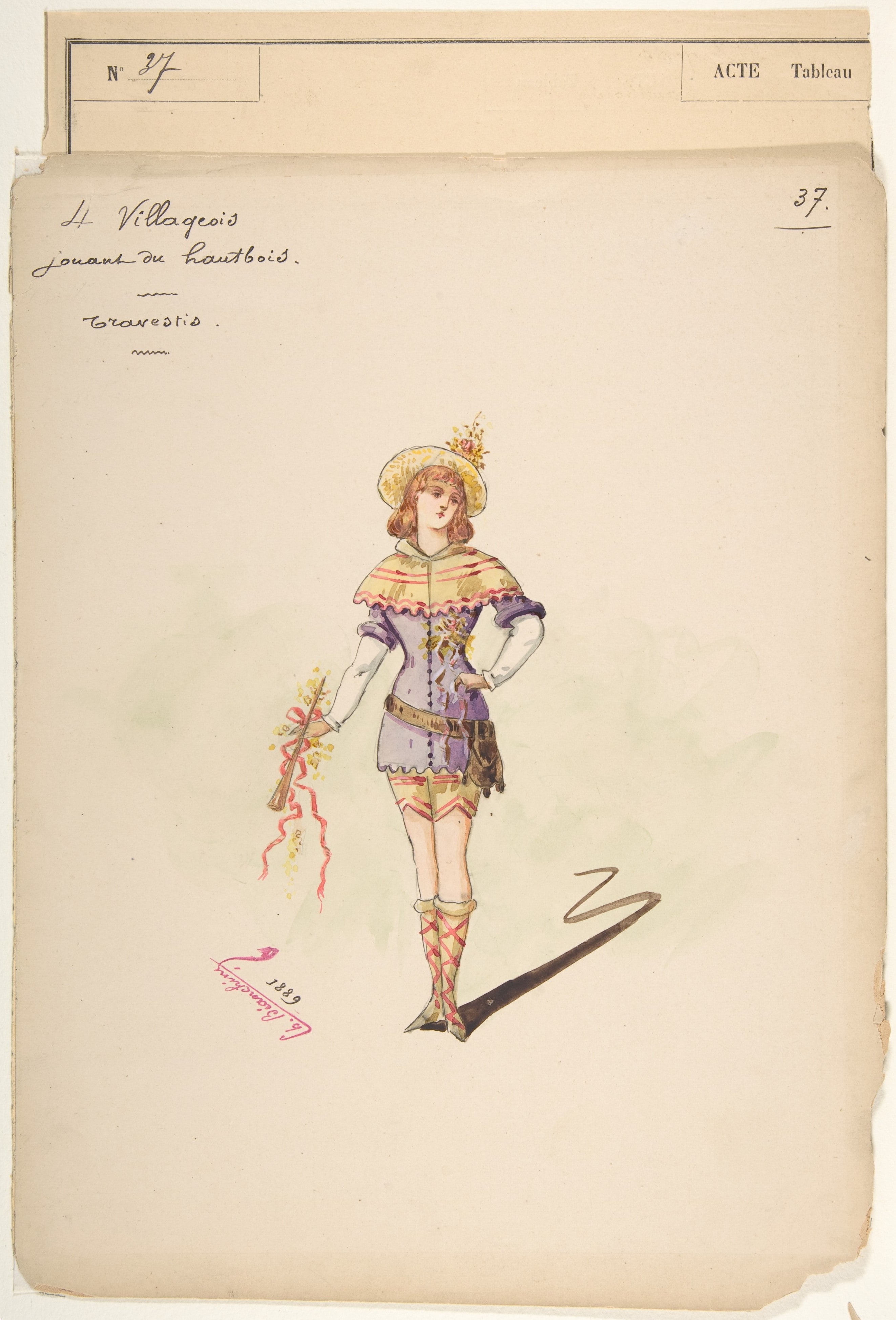 Costume Design for "4 Villageois jouant au hautbois" [a]; Descriptive Sheet of Costume Accessories [b]