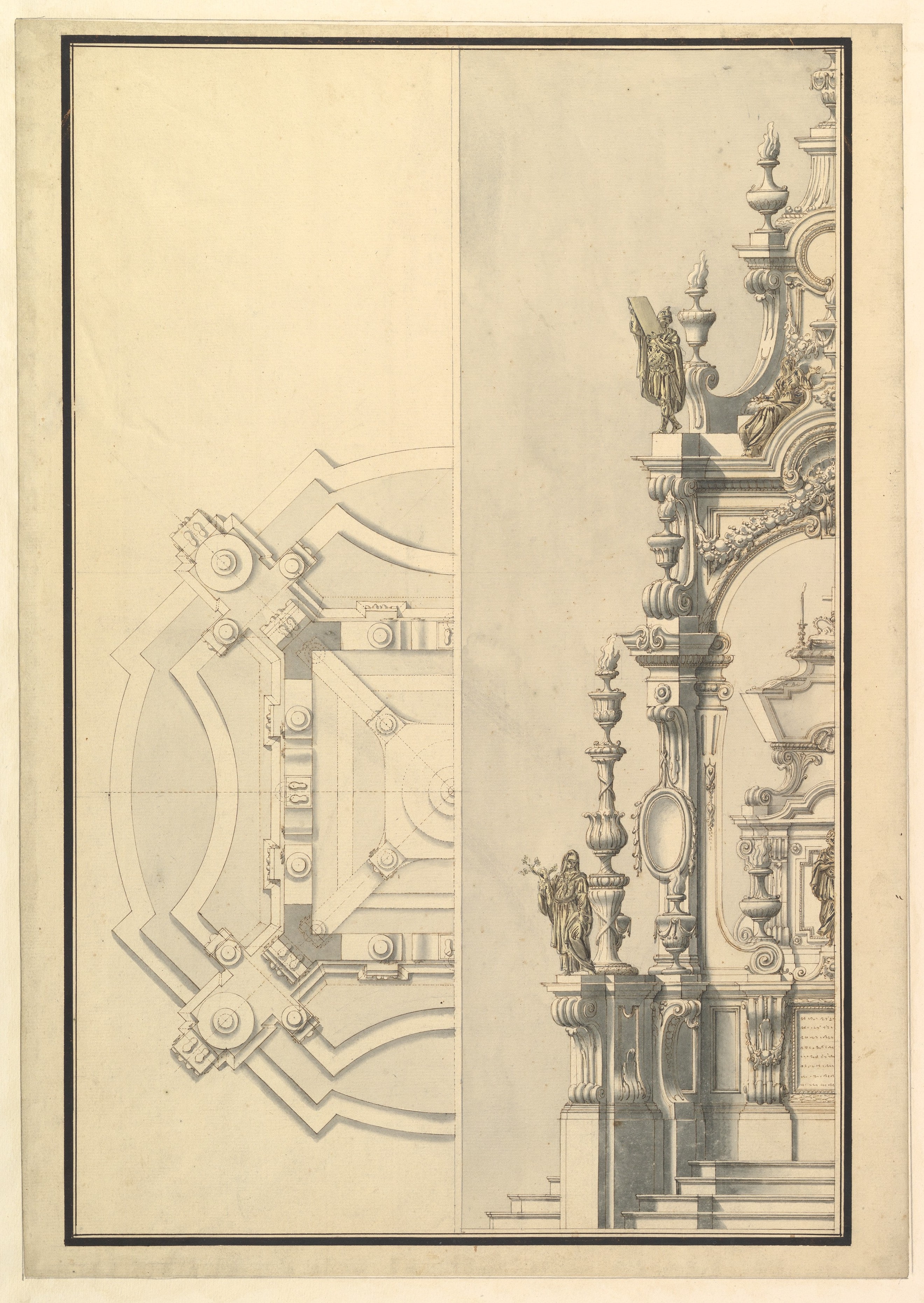 Half Ground Plan and Half Elevation for a Catafalque with Royal Crown Surmounting Casket