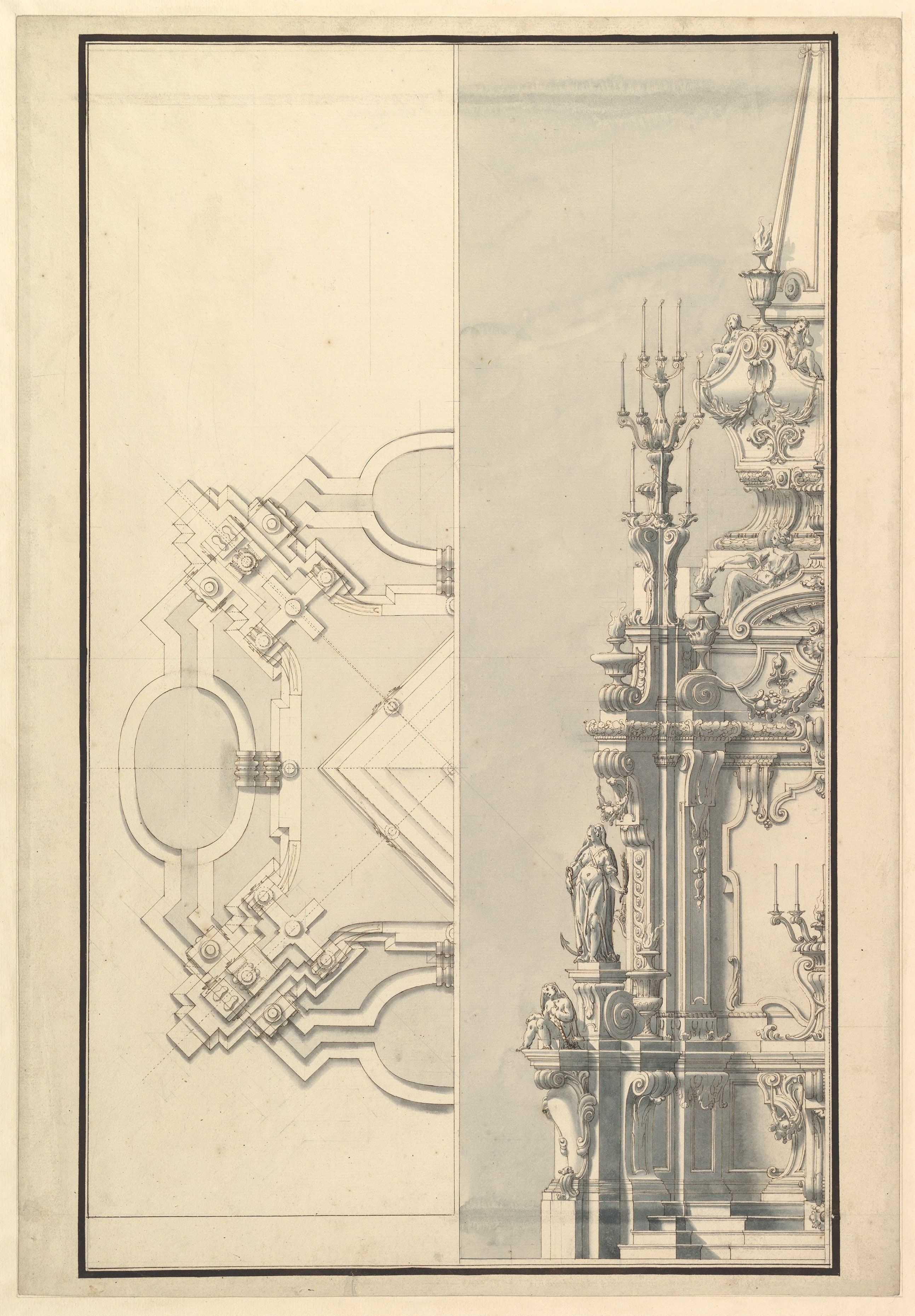 Half Ground Plan and Half Elevation for a Catafalque for a Queen of Sardinia