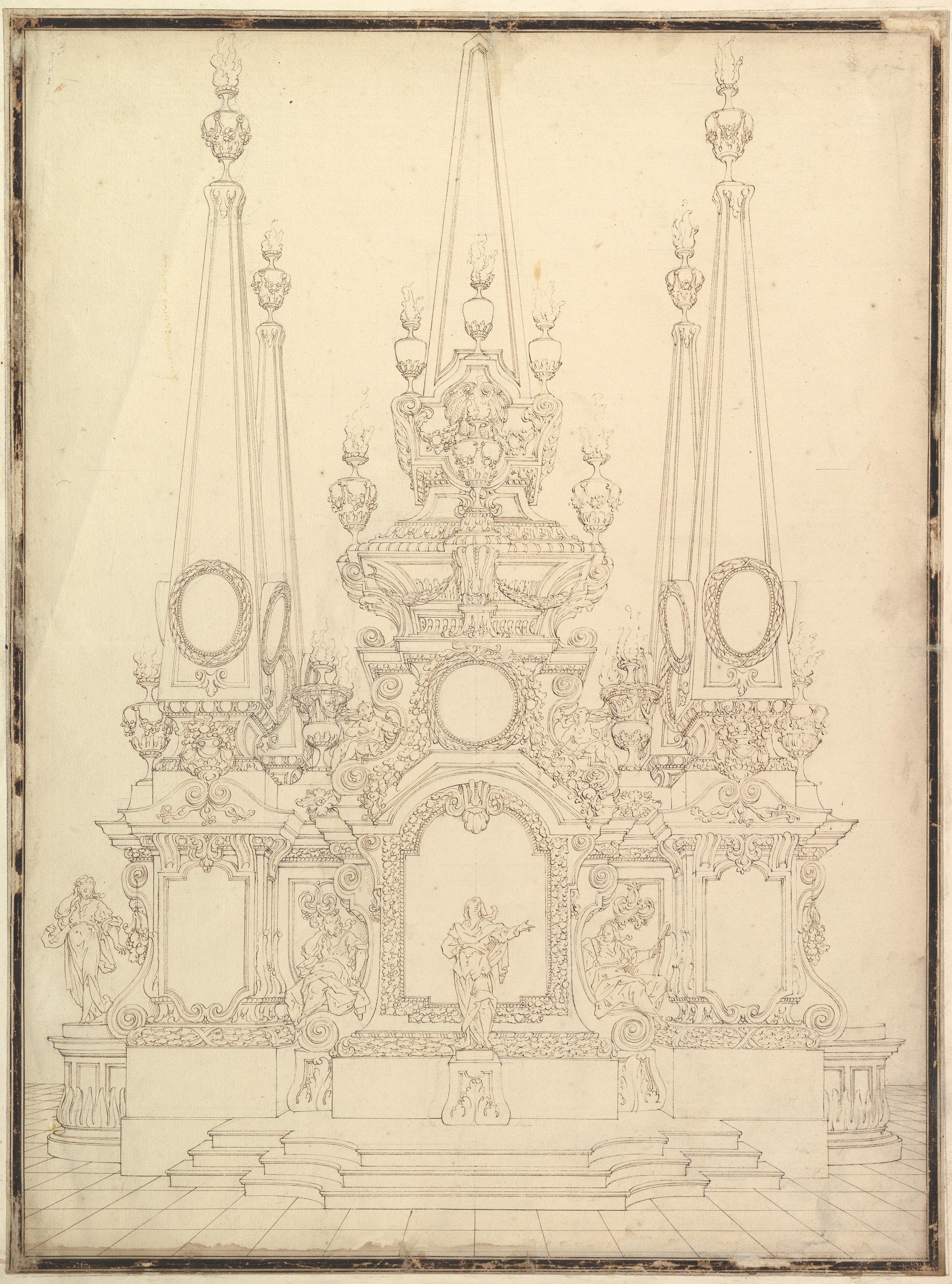 Elevation of a Catafalque: Four Large Obelisks at the Corners with Large one Surmounting the Top