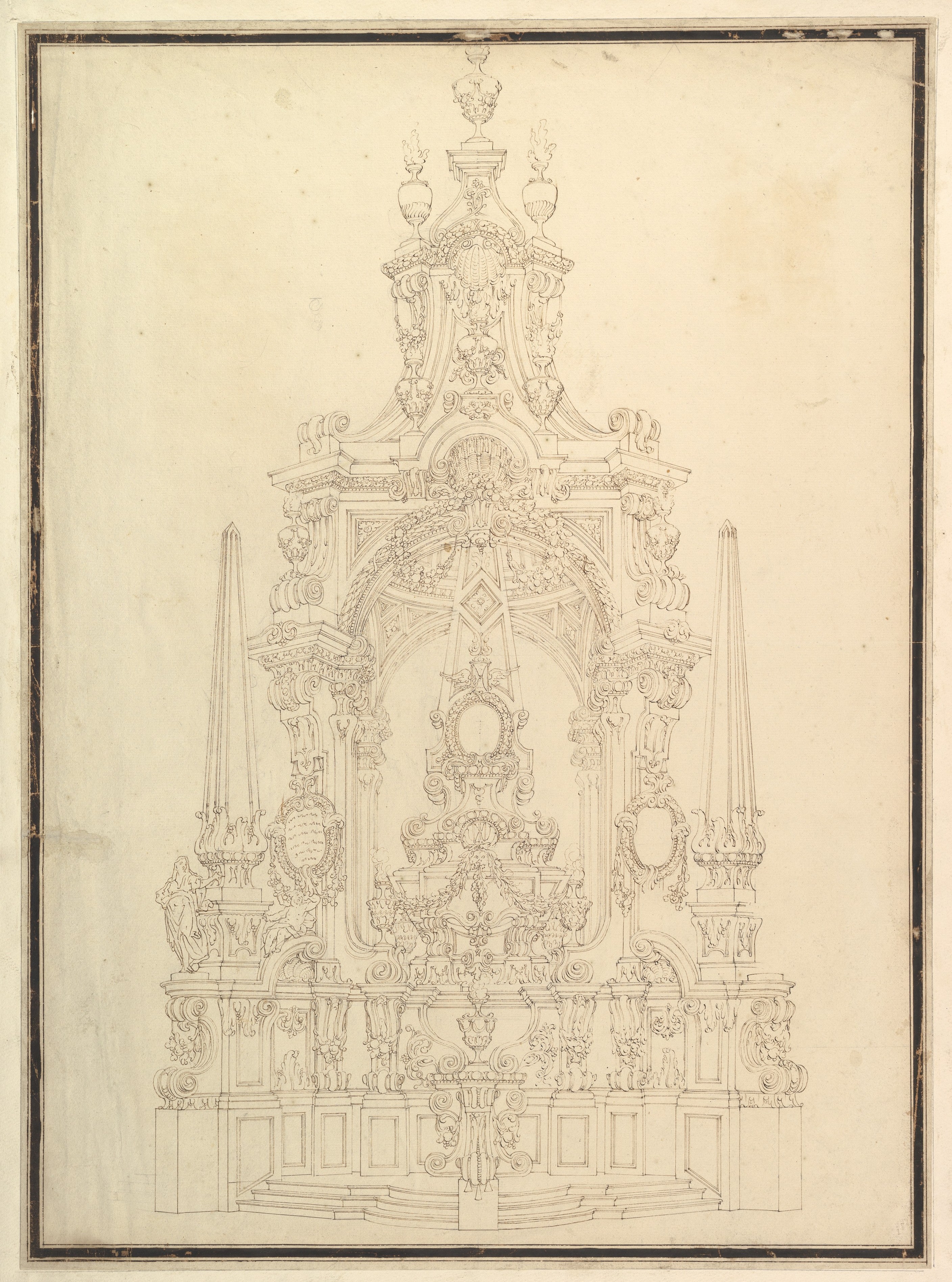 Elevation of a Catafalque: Obelisks at the Corners and One in Center