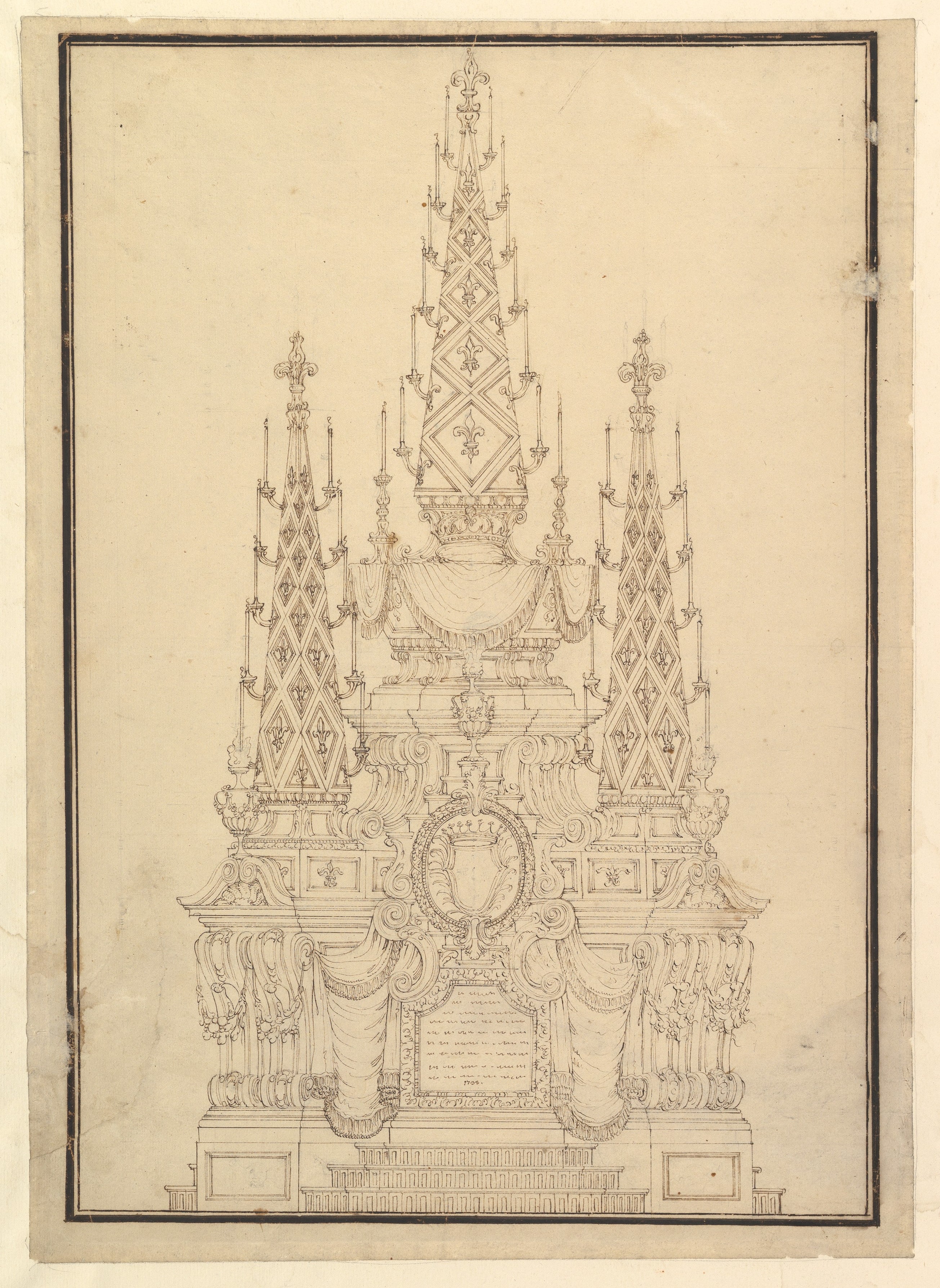 Elevation of a Catafalque, Three Obelisks with Fluer-de-lys and Candles, Dated on Plaque at Bottom 1733.