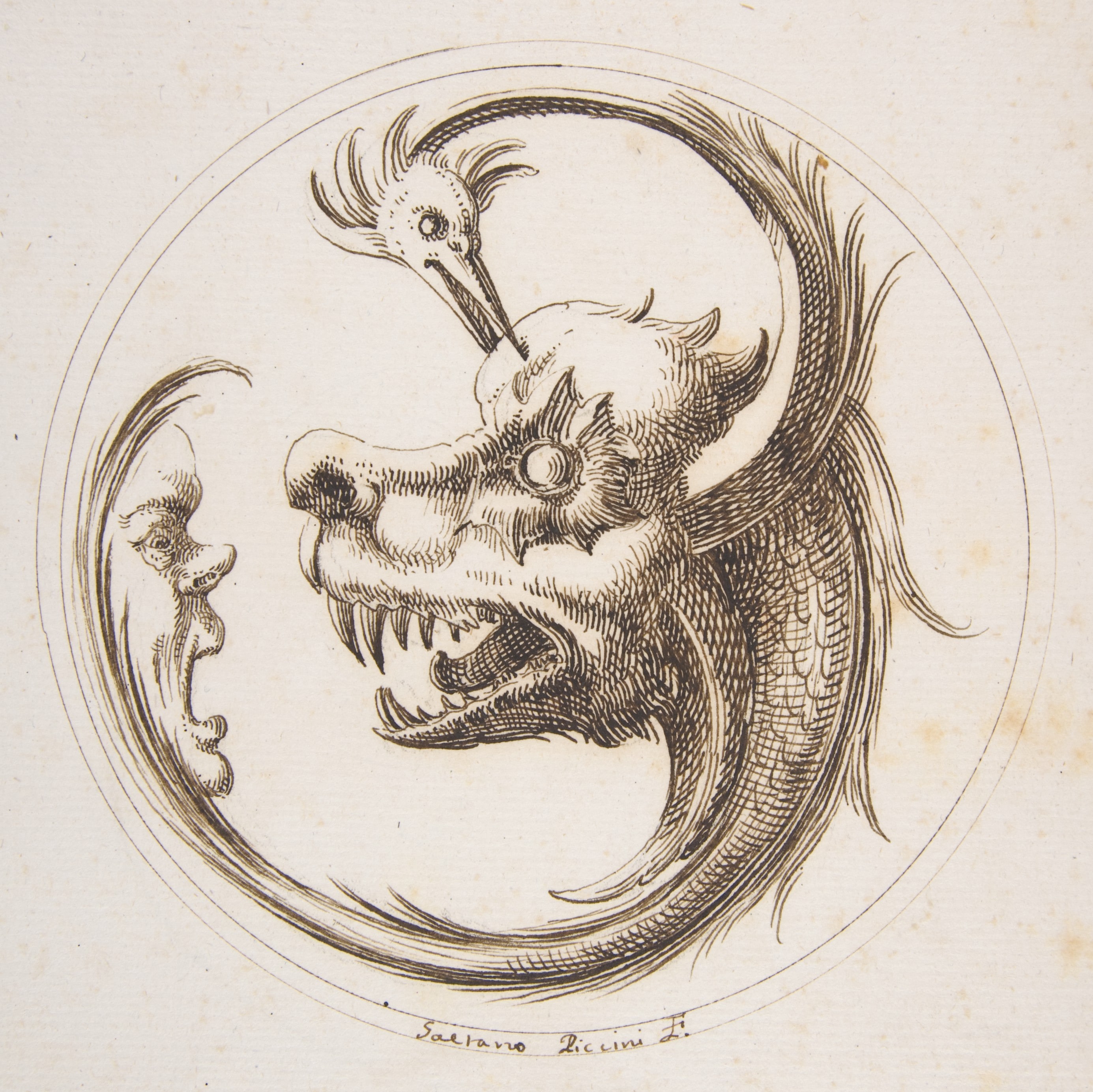 Two Beasts and a Human Mask within a Circle