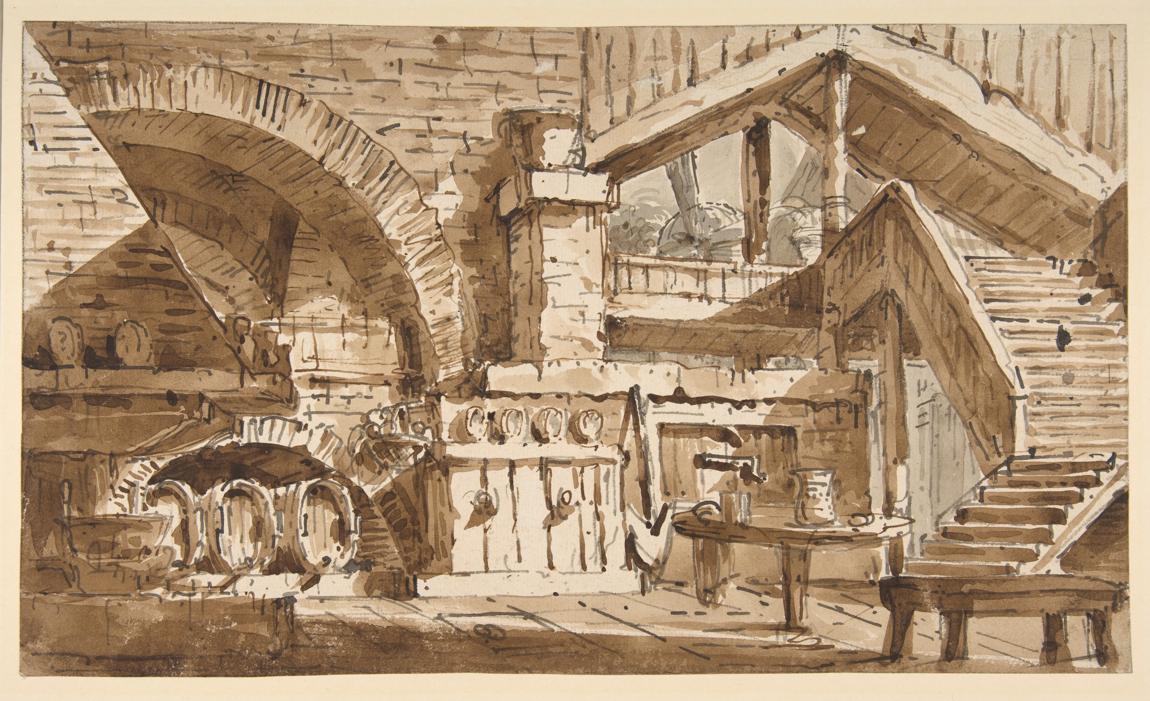 Design for a Stage Set Showing Interior of Rustic Kitchen ("Cucina Rustica")