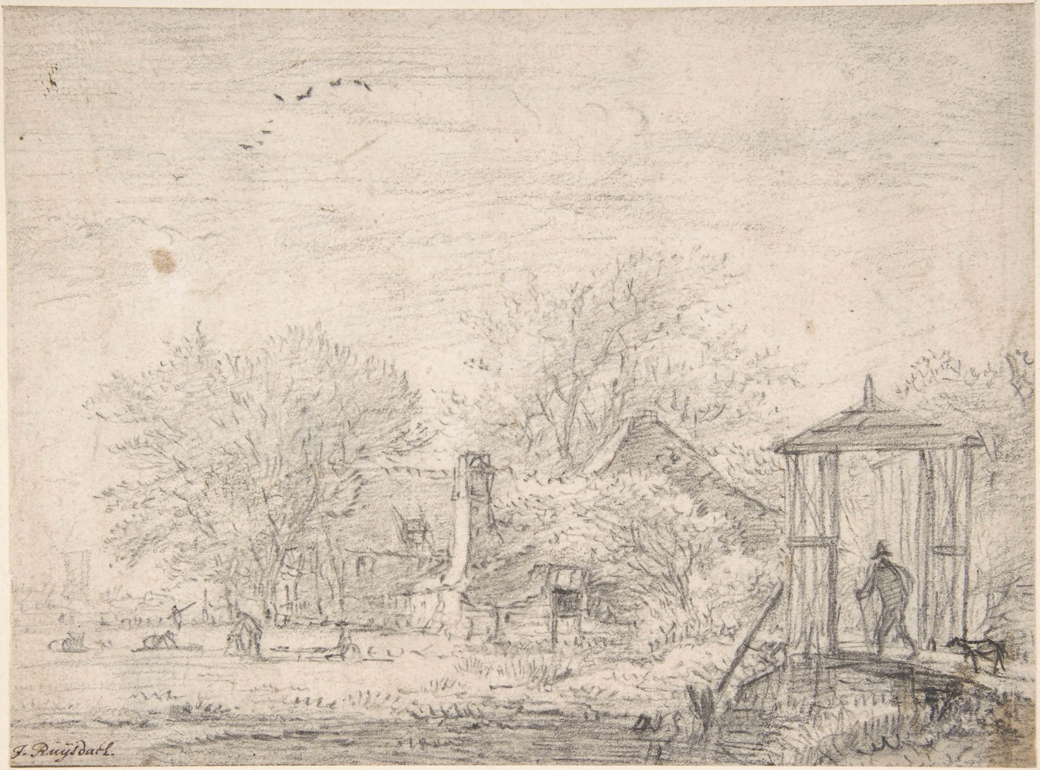 House among Trees, at Right Man and Dog on a Footbridge