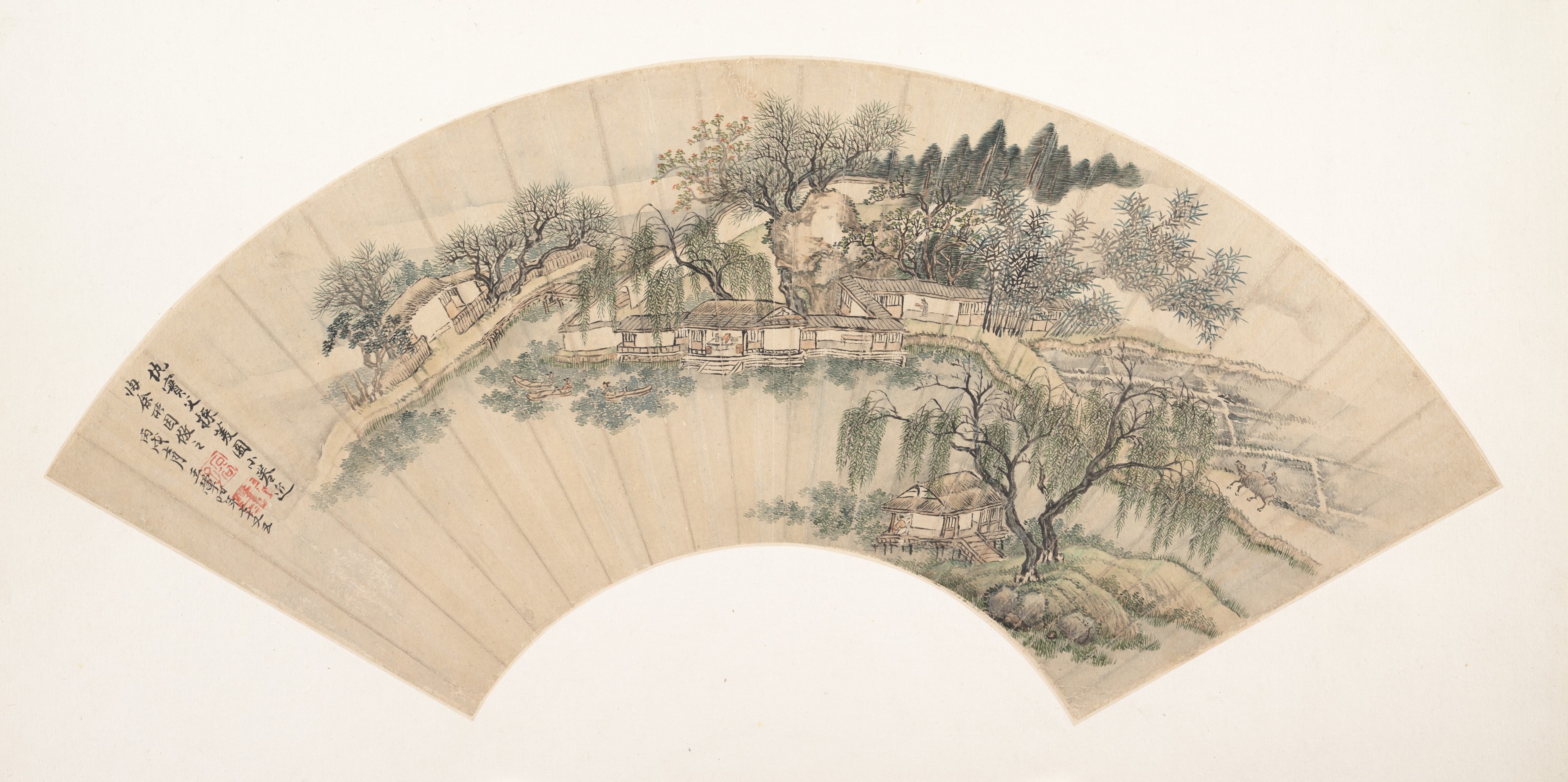 清   佚名   倣王翬   倣仇實父採菱圖   扇|Gathering Water Chestnuts