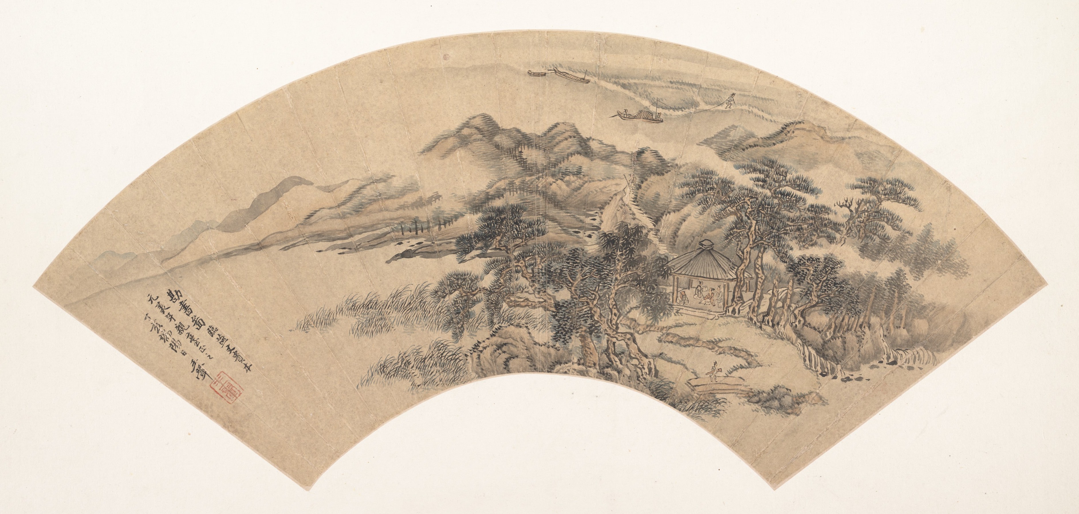 清   佚名   倣王翬   臨燕文貴勘書圖   扇|Landscape in the Style of Yan Wengui