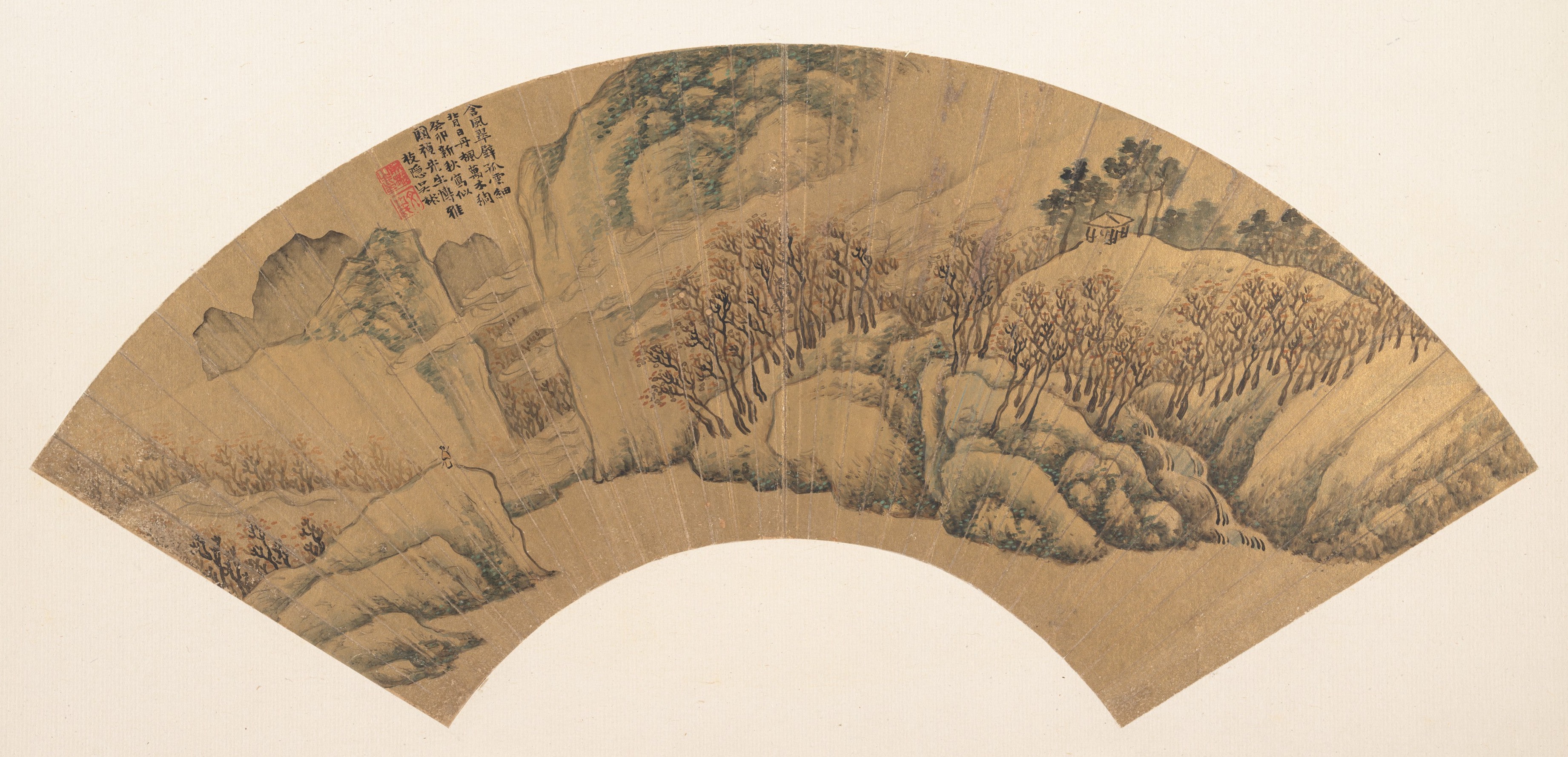 明　吳彬　翠壁丹楓　扇|Azure Cliff with Red Maples
