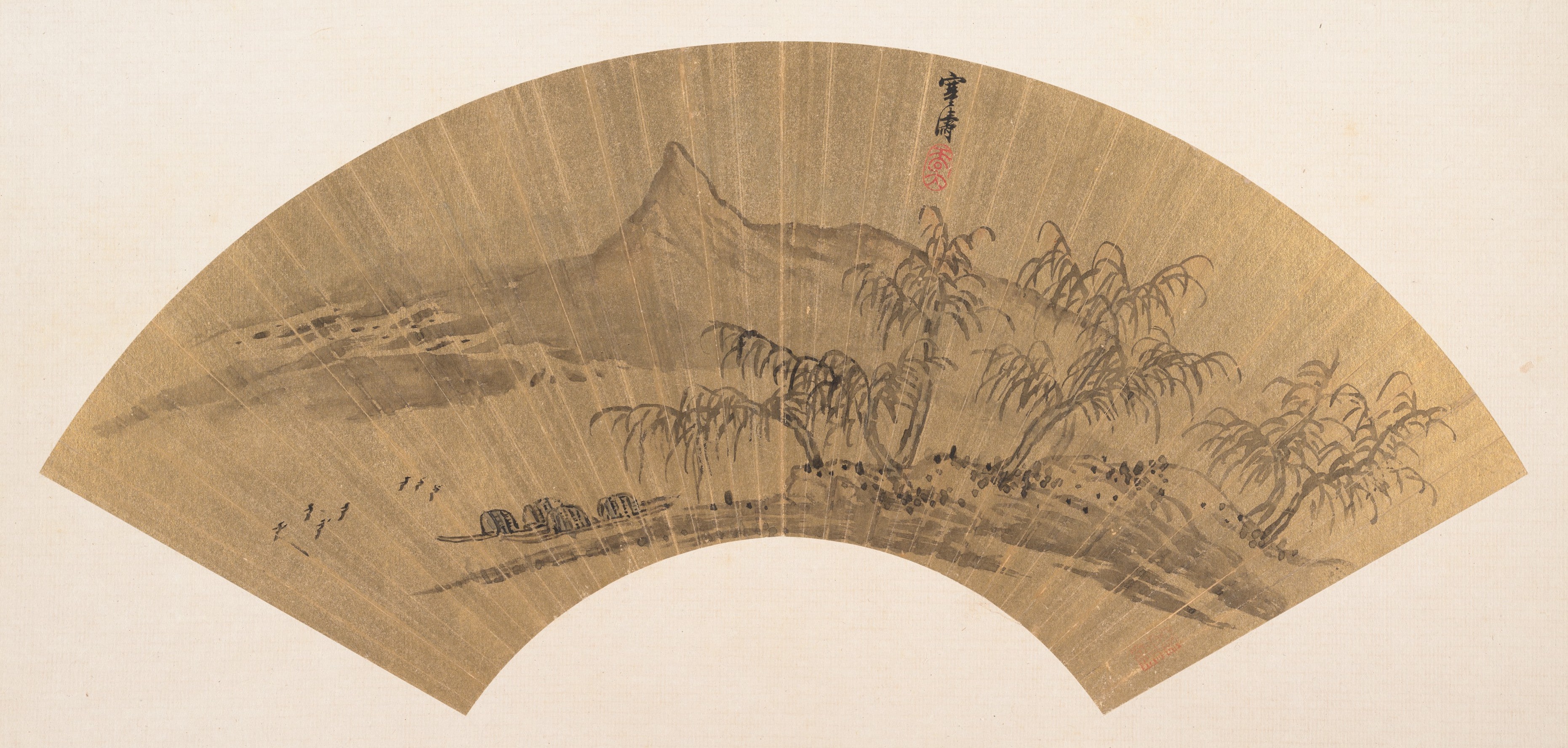 清　吳山濤　山水圖　扇|Riverscape with moored boats