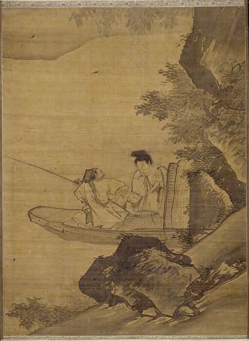明  傳張路  溪畔漁家圖  軸|Fisherman and family