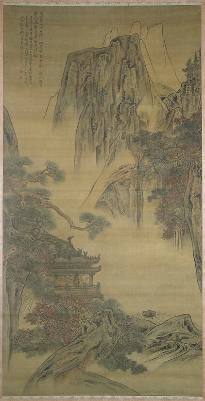 清　李寅　高閣觀瀑圖　軸|Viewing a waterfall from a mountain pavilion