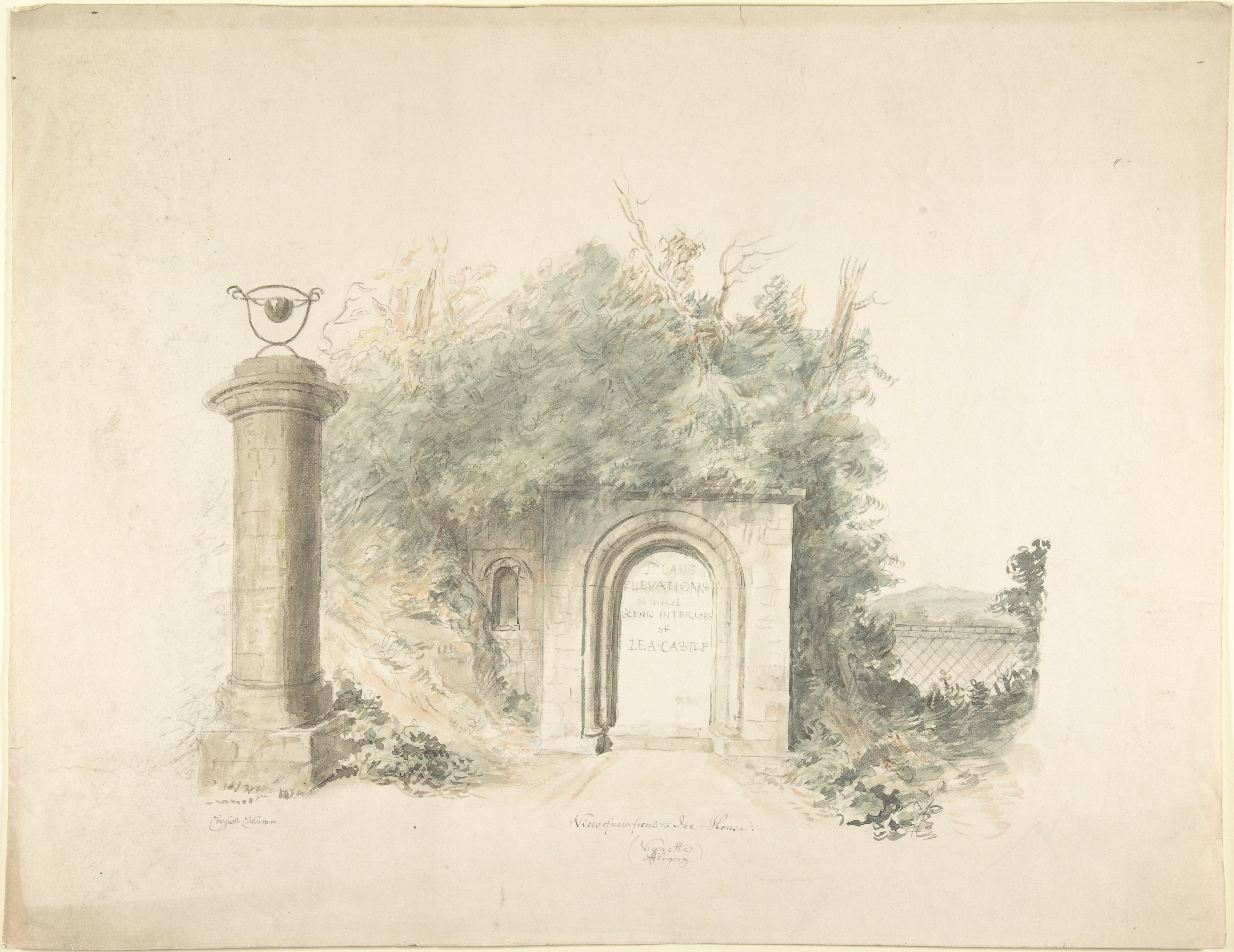 Title Page to a Group of Plans, Elevations and Scenic Interiors of Lea Castle, Worcestershire, Containing a View of New Front to the Ice House