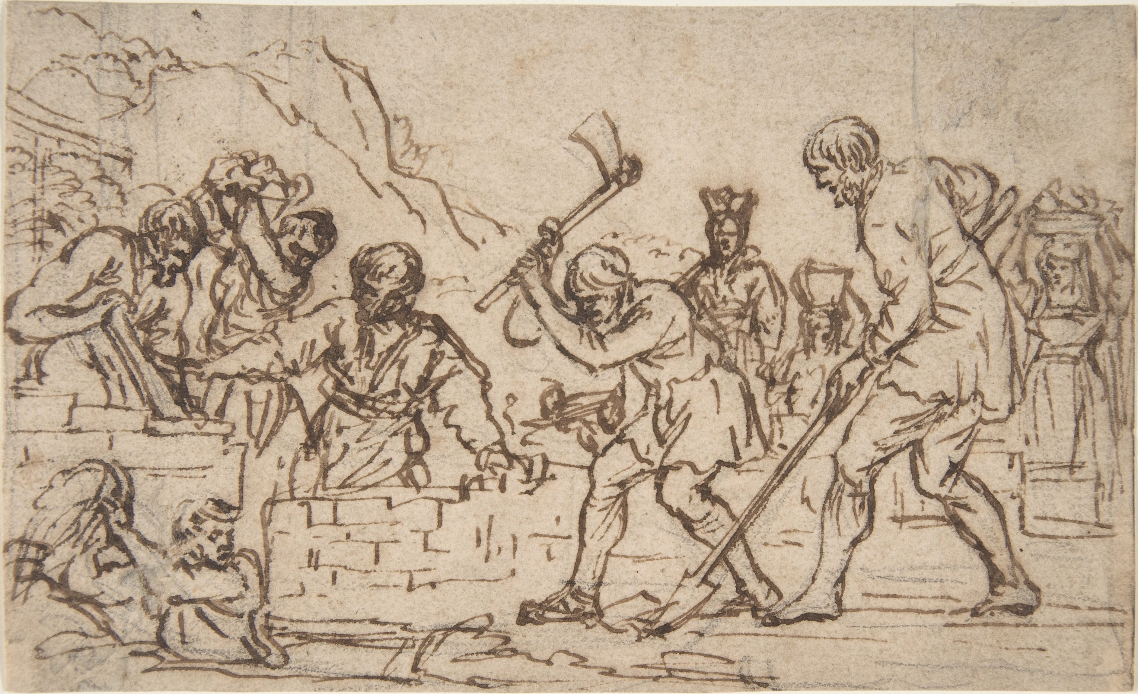 Men Digging and Constructing a Wall