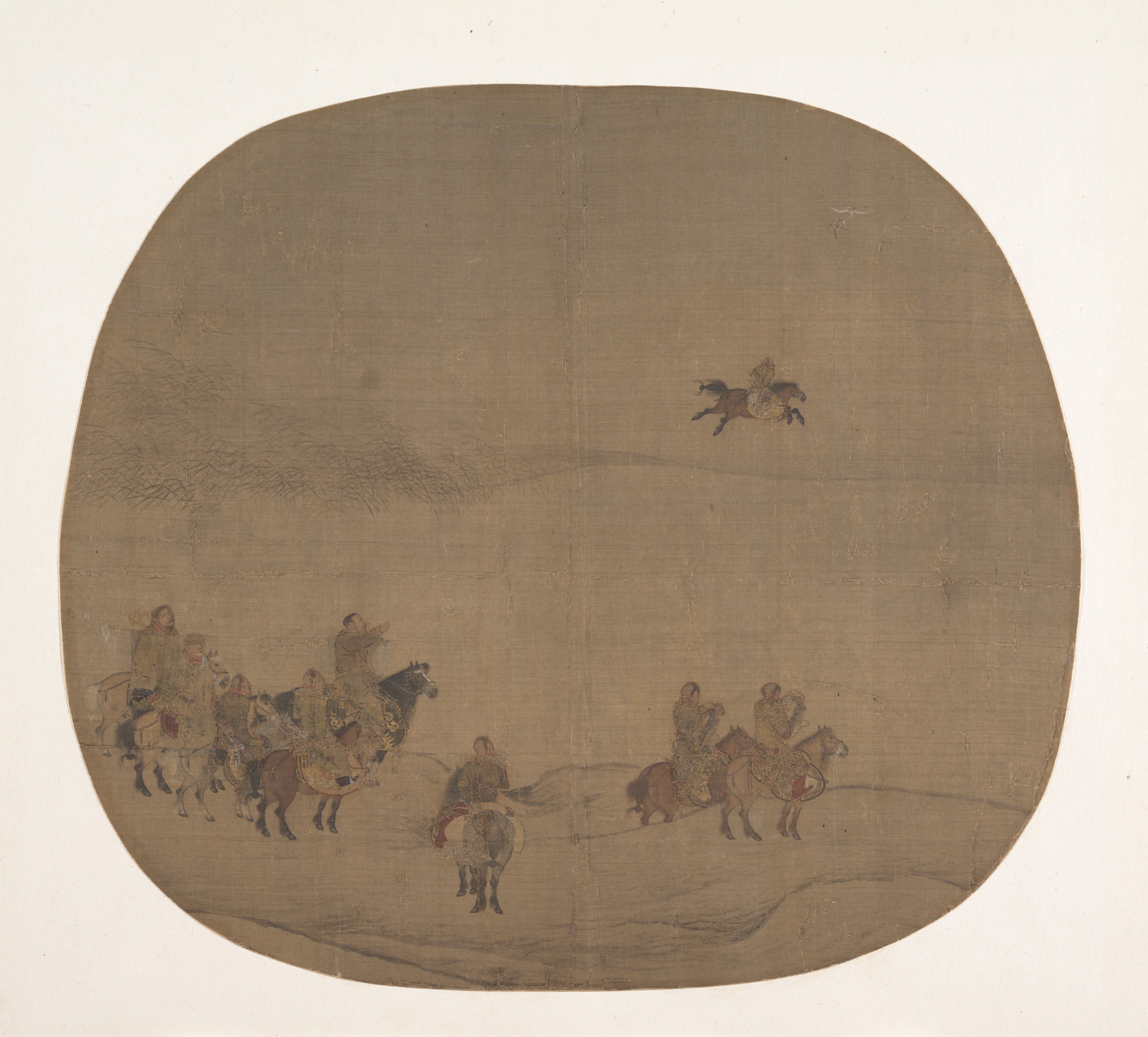 南宋　傳陳居中　胡騎春獵圖　團扇|Nomads hunting with falcons