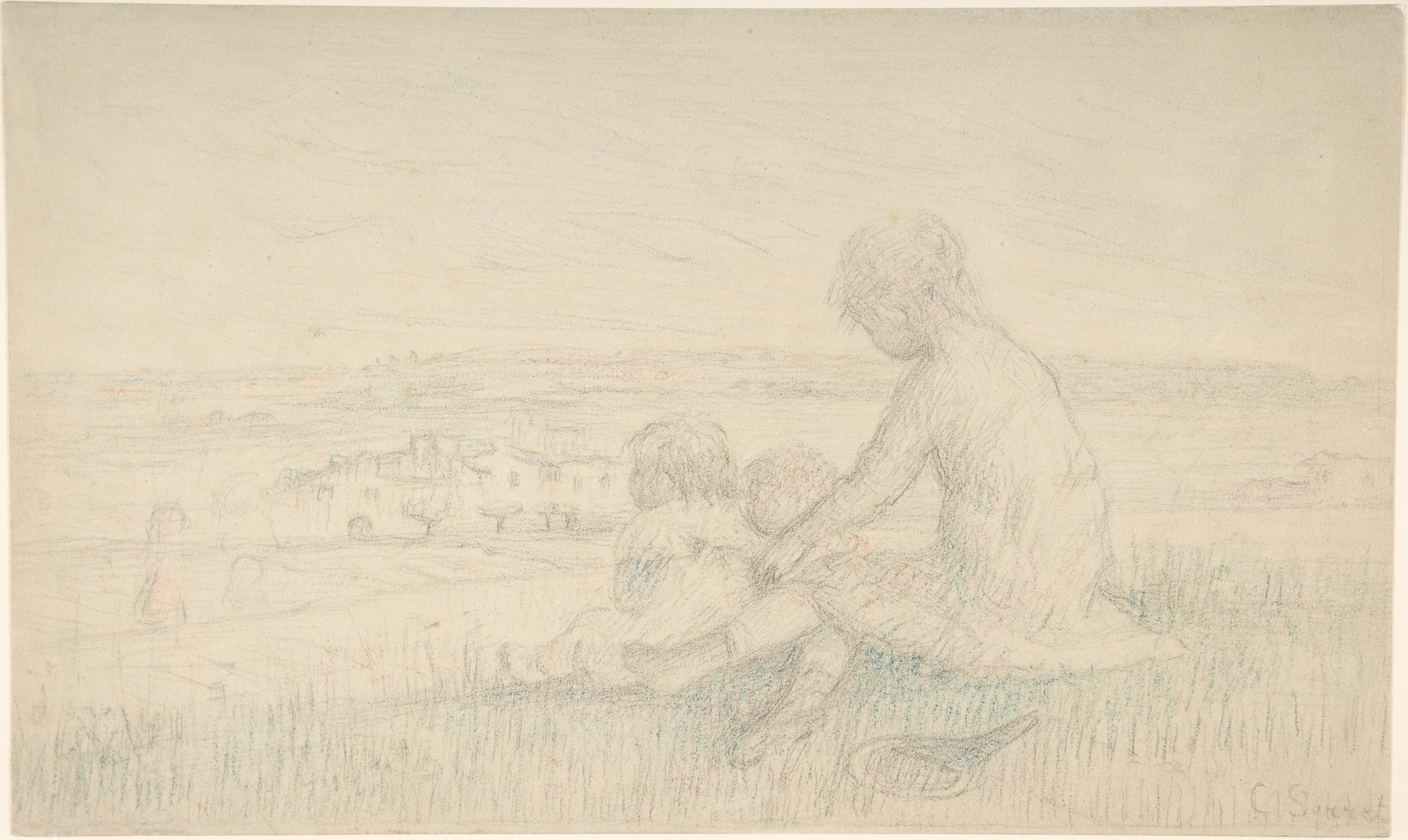 Children Seated on a Hillside with a Racquet