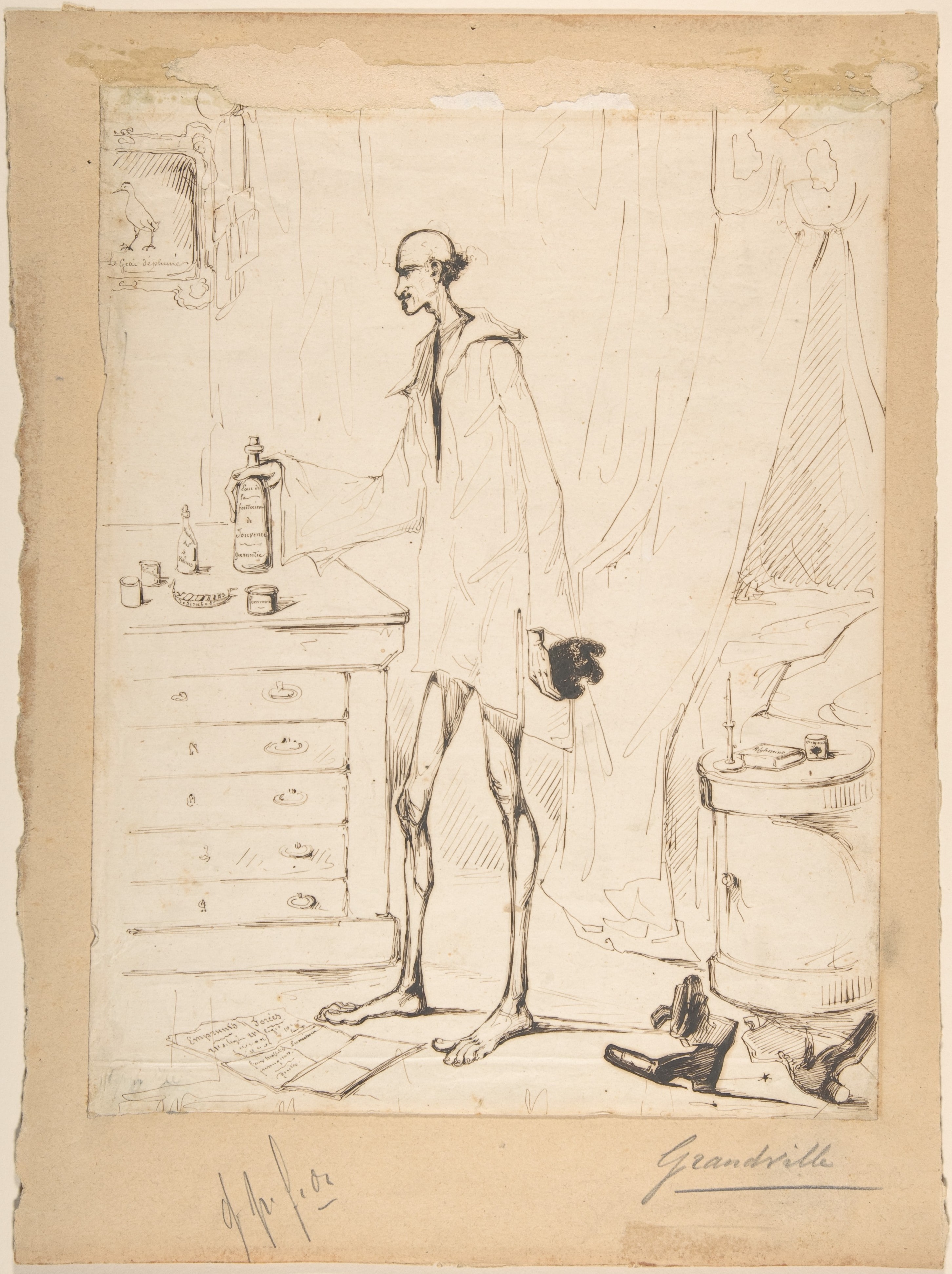 Man in a Nightshirt Reaching for a Bottle Labeled "Fountain of Youth"