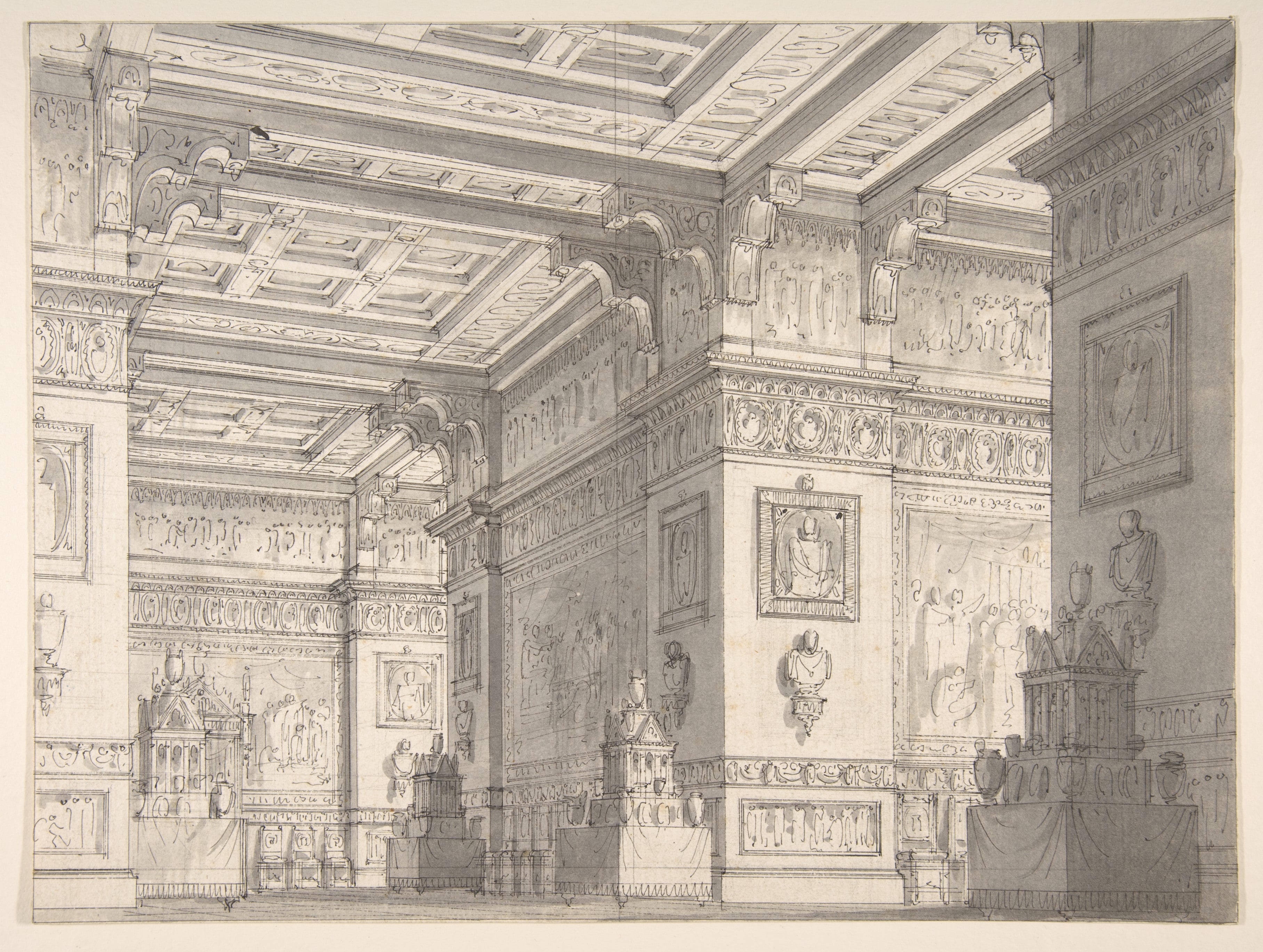 Design for a Stage Set?:Interior of a Stateroom with Four Tables Displaying Urns and Tabernacles.