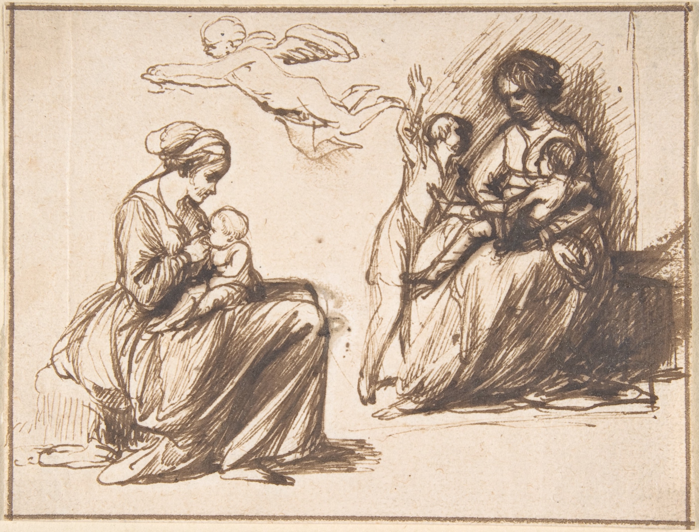 Study Sheet with Two Seated Children and an Angel