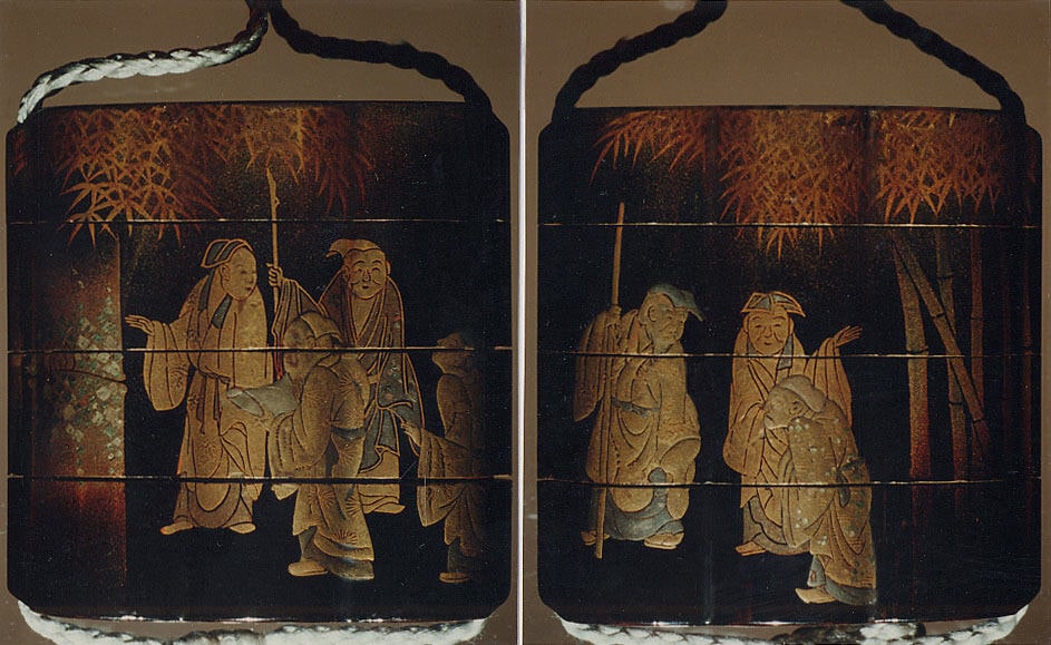 竹林七賢蒔絵印籠　銘「桃葉」|Inrō with the Seven Sages of the Bamboo Grove