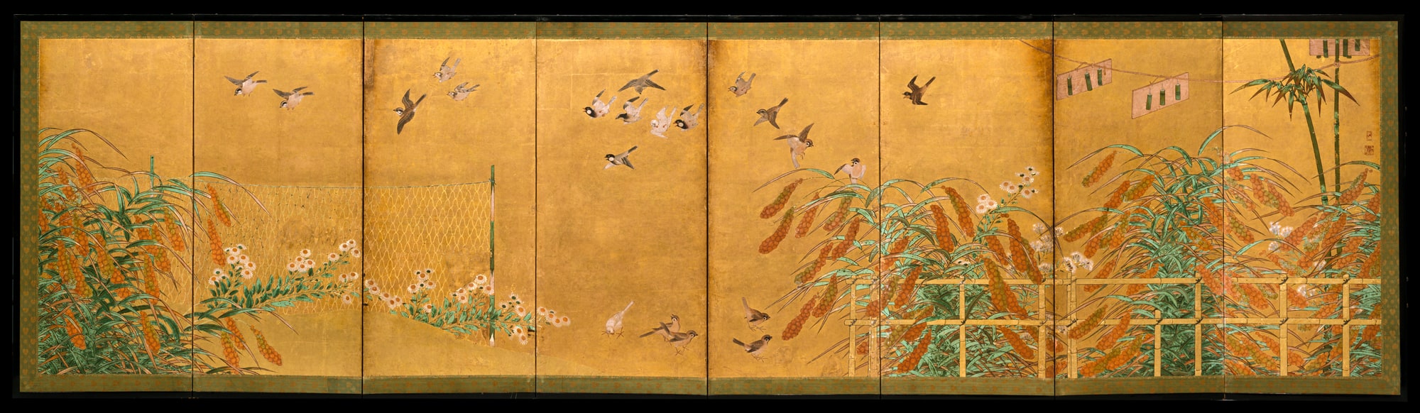 伝狩野山楽筆　粟に小禽図屏風|Autumn Millet and Small Birds