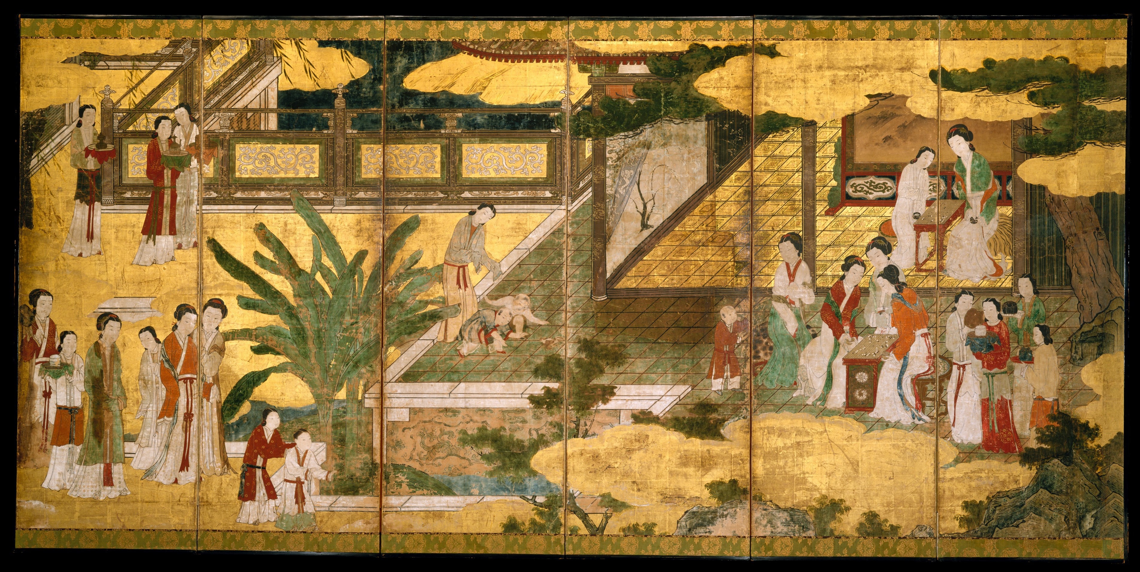 伝狩野永徳筆　唐美人唐子図屏風|Chinese Women and Children in a Palace Garden