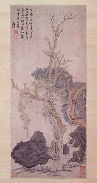 明？  佚名   傳文徵明   古藤樹石圖   軸|Old Wisteria among Trees and Rocks