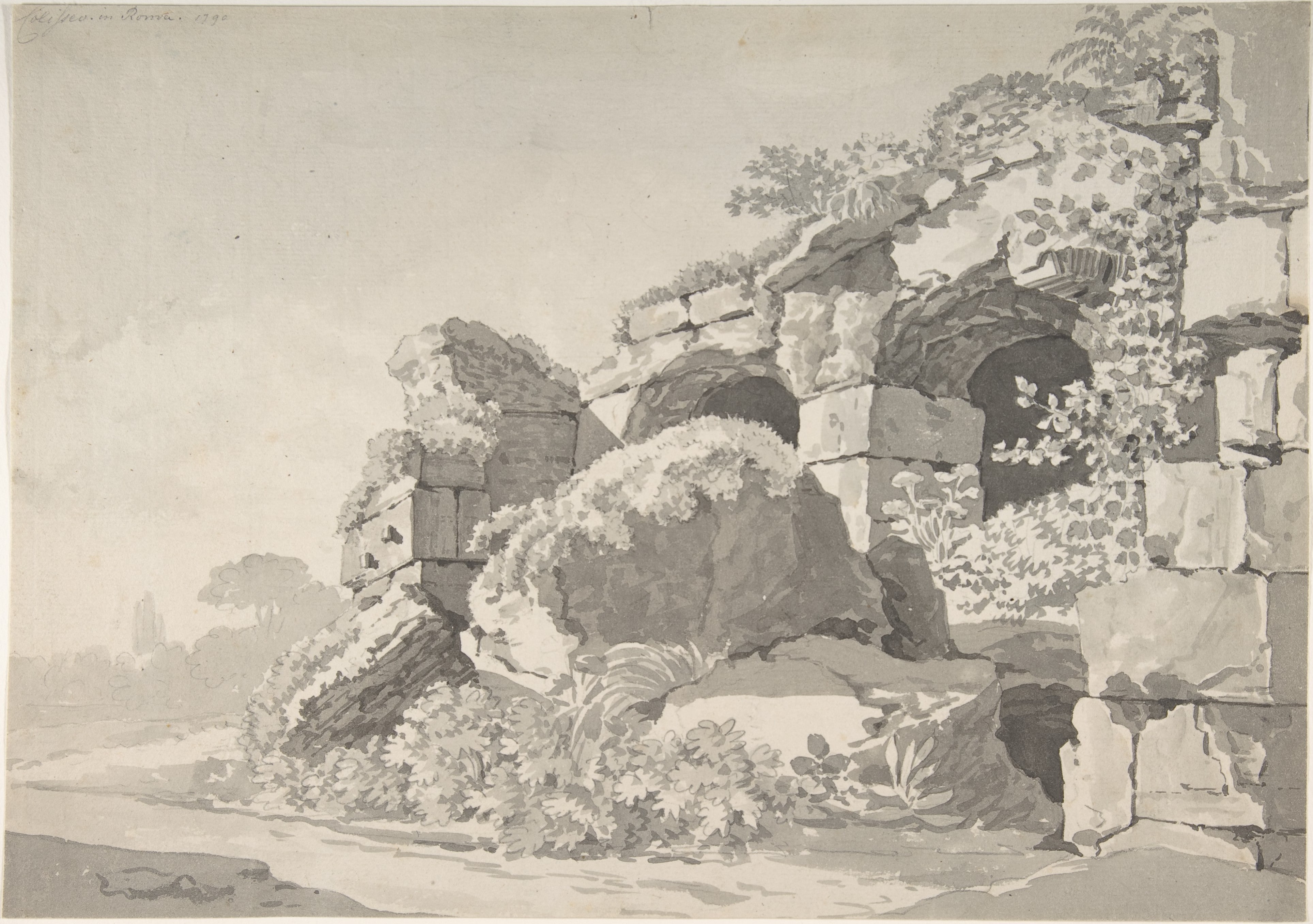 Partial View of the Colosseum; verso: Sketch of the Temple of Minerva Medicea