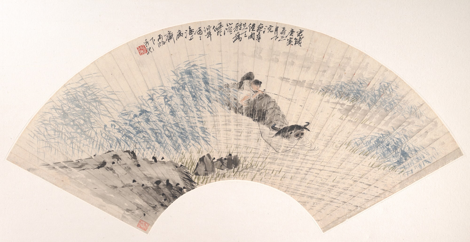 清  任頤  童子水牛  扇面|Herdboy and Buffalo