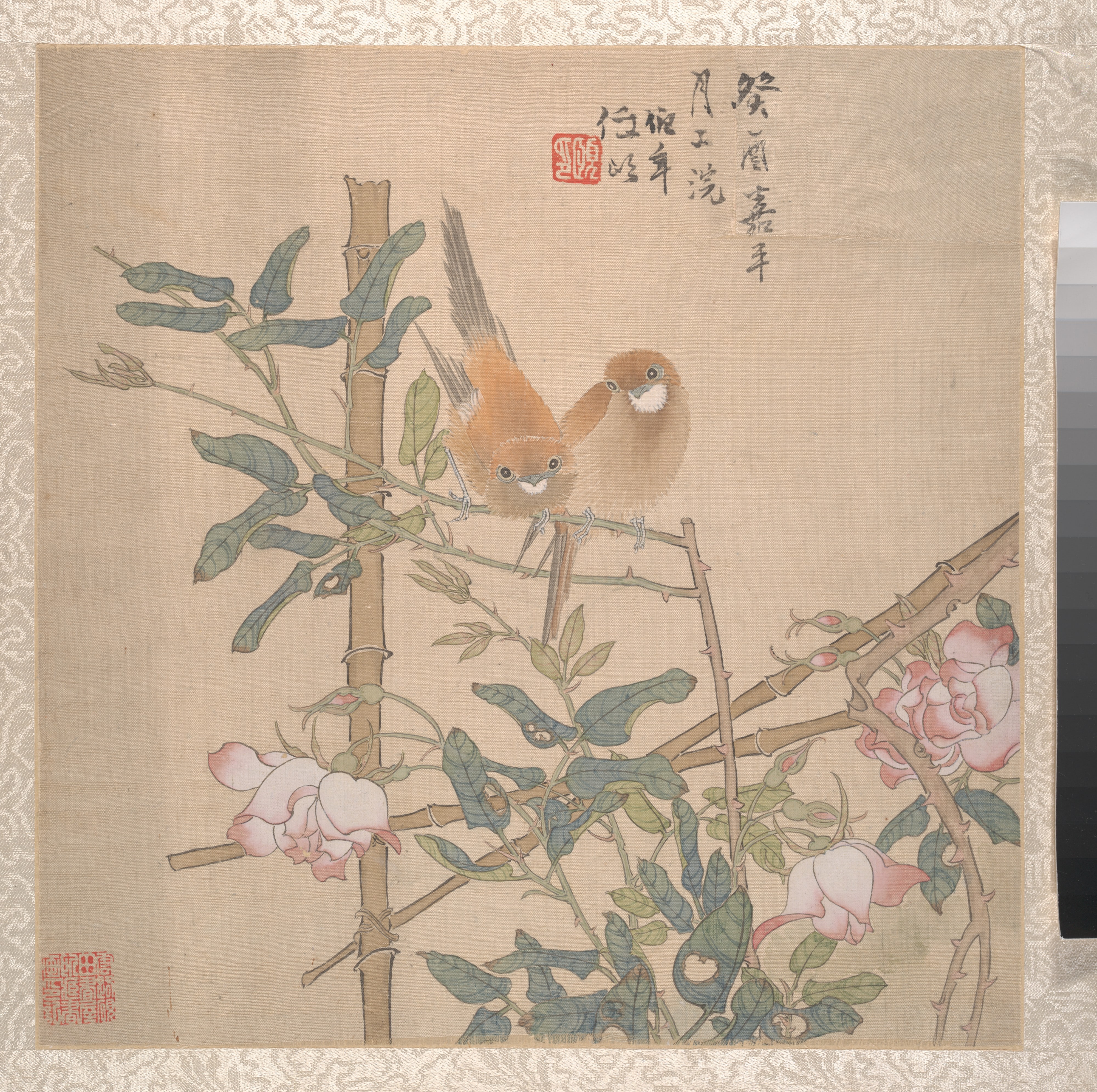 清  任頤  冊頁|Two Birds Perched on a Flowering Rose Bush