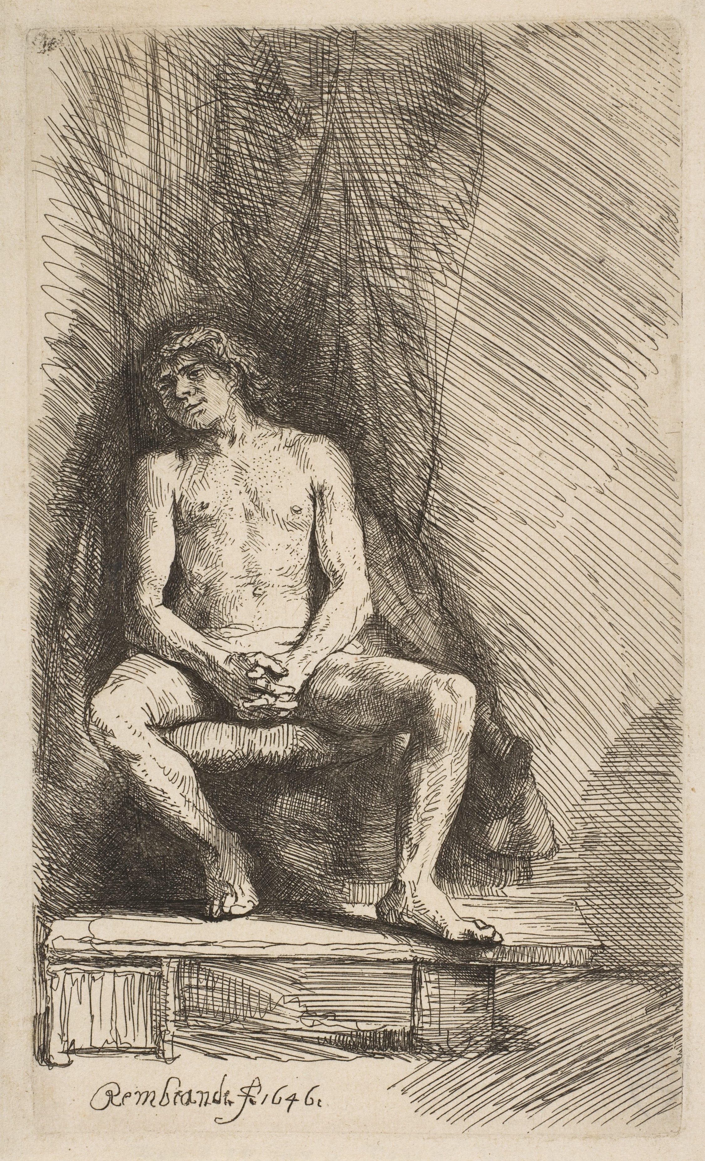 Nude Man Seated before a Curtain