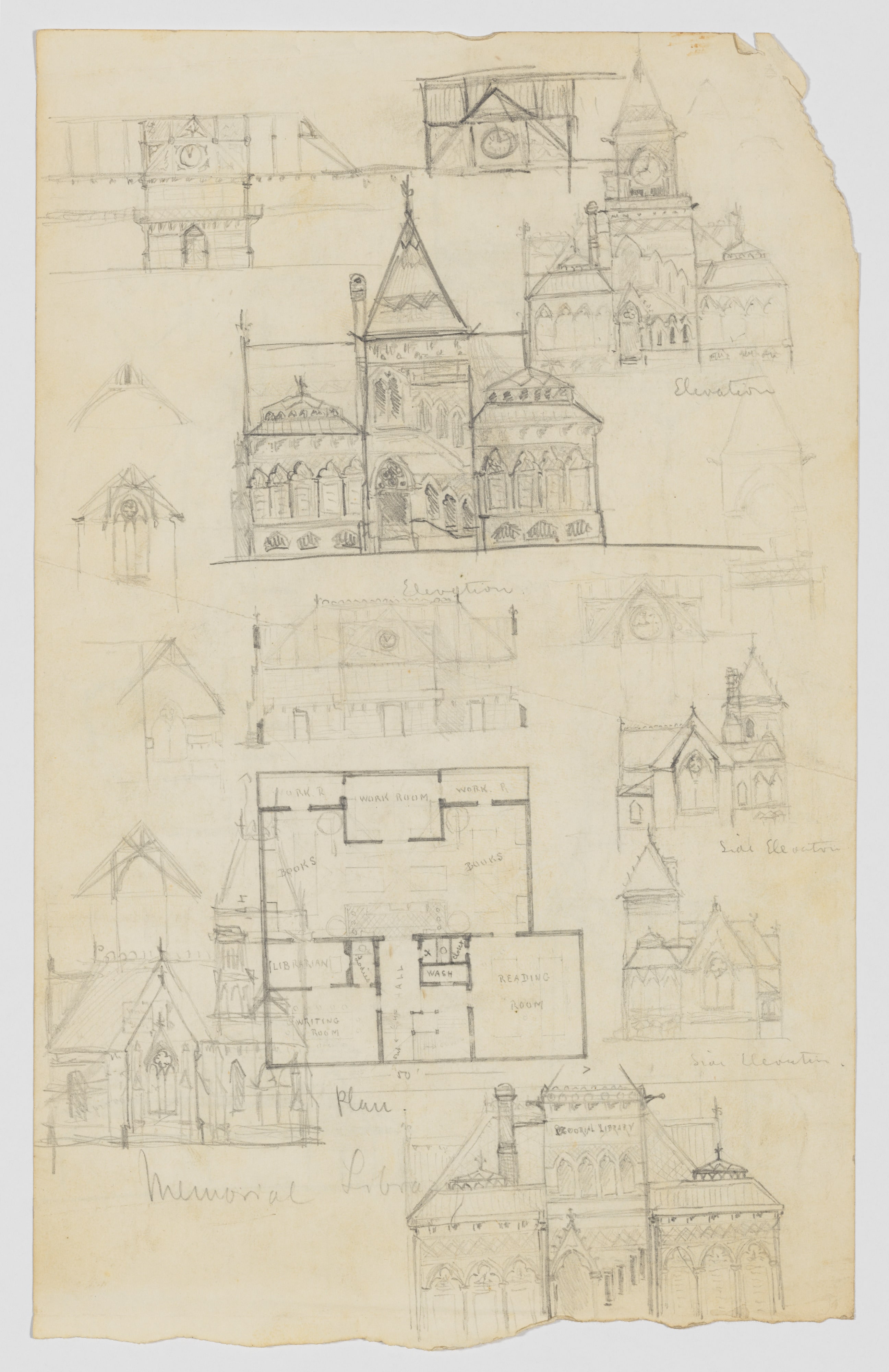 Design Sketches for a Memorial Library (recto and verso) (possibly the Winn Memorial Library, Woburn, Massachusetts)