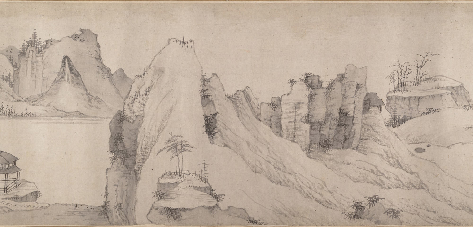 清   傳弘仁   寺橋山色圖   卷|River Scene in Winter