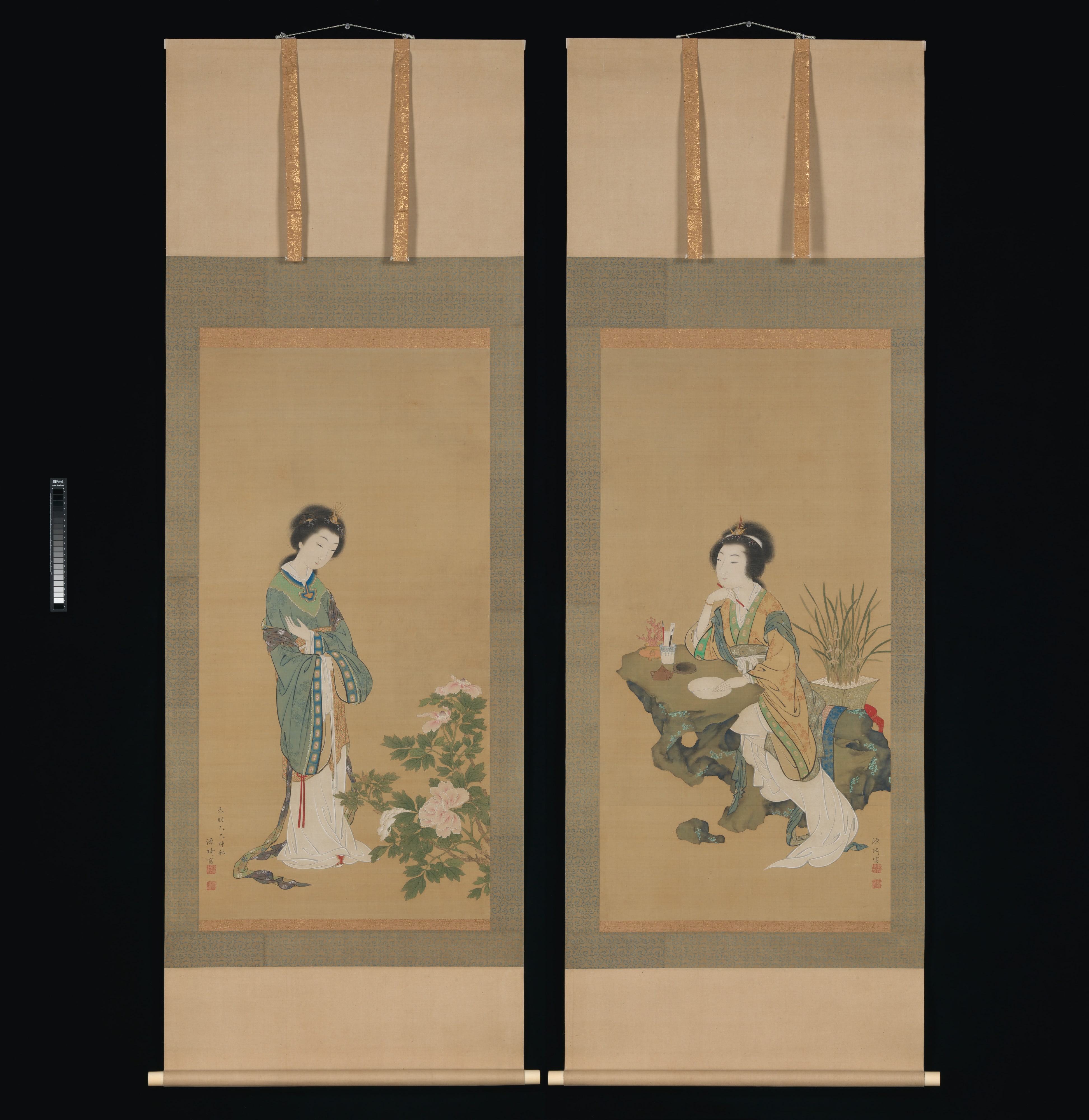 源琦筆　燕姞・楊貴妃図|Yanji with Orchids and Yang Guifei with Peonies