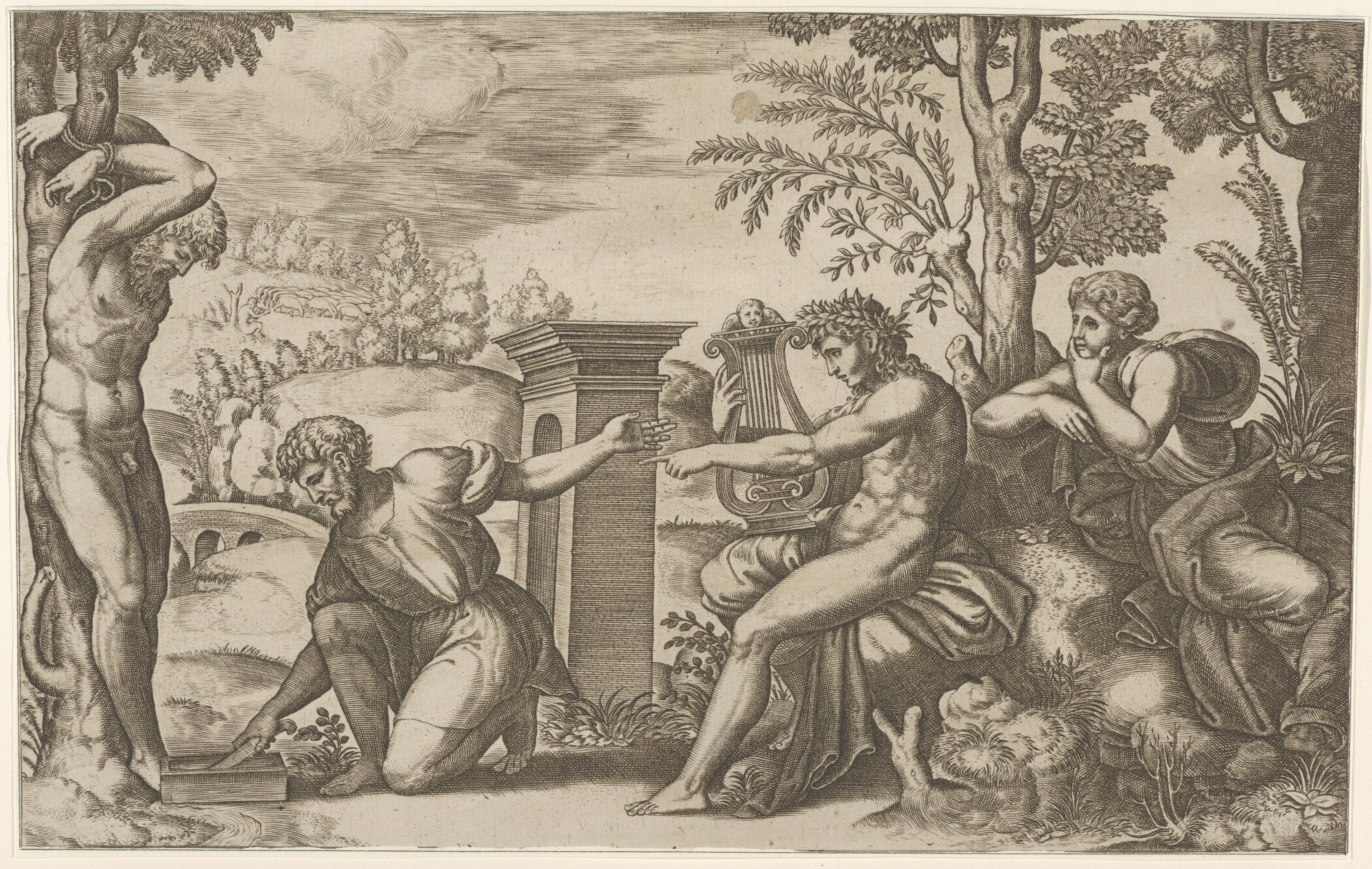 Apollo seated at the right with a lyre, pointing to a kneeling man who is about to flay Marsyas tied naked to a tree at left