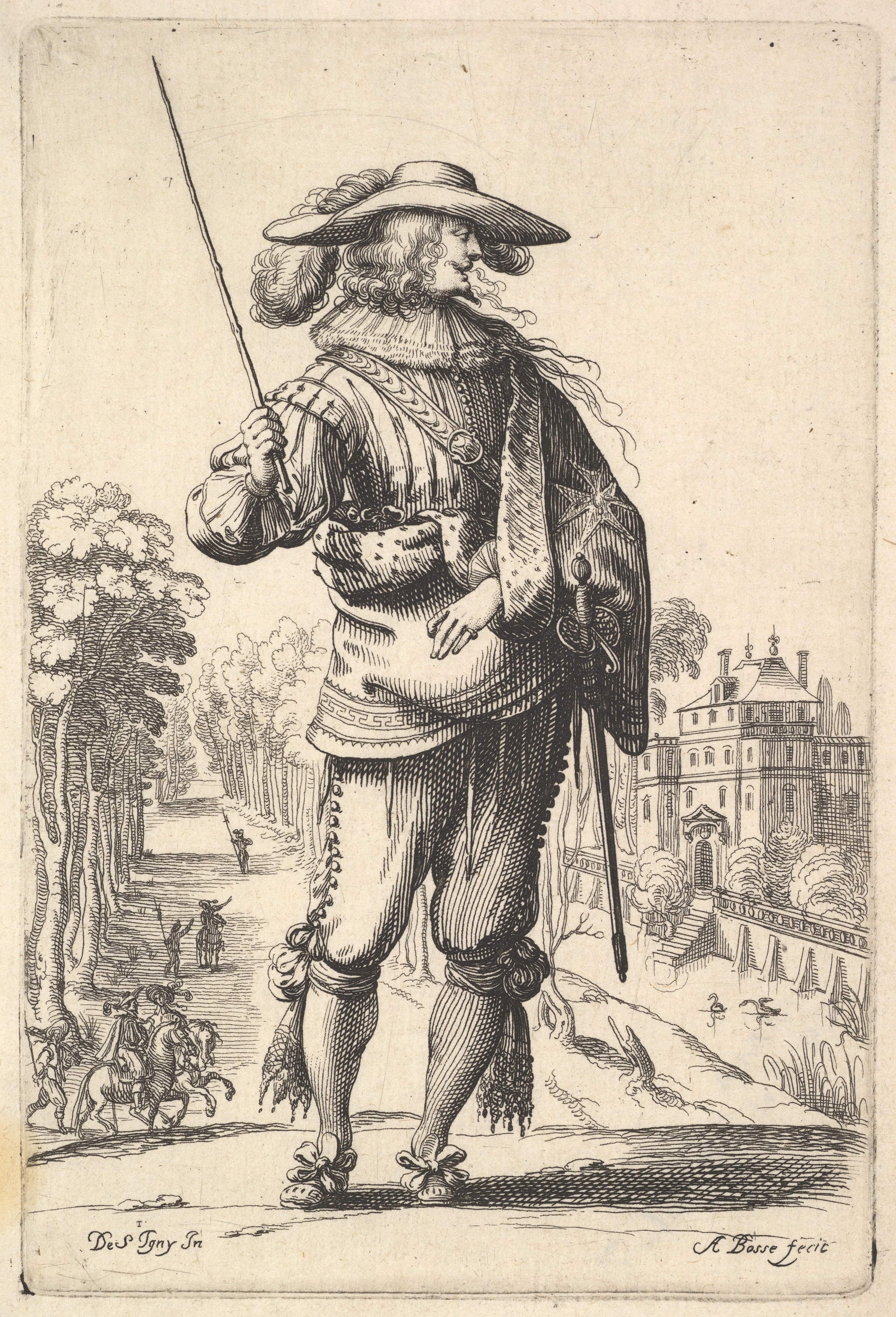 A gentleman with his head turned towards the right in profile, wearing a plumed hat and a cloak with the cross of the Order of the Holy Spirit, holding a whip in his right hand and his left arm in a sling, from "La Jardin de la Noblesse Françoise dans lequel ce peut ceuillir leur maniere de Vettements"