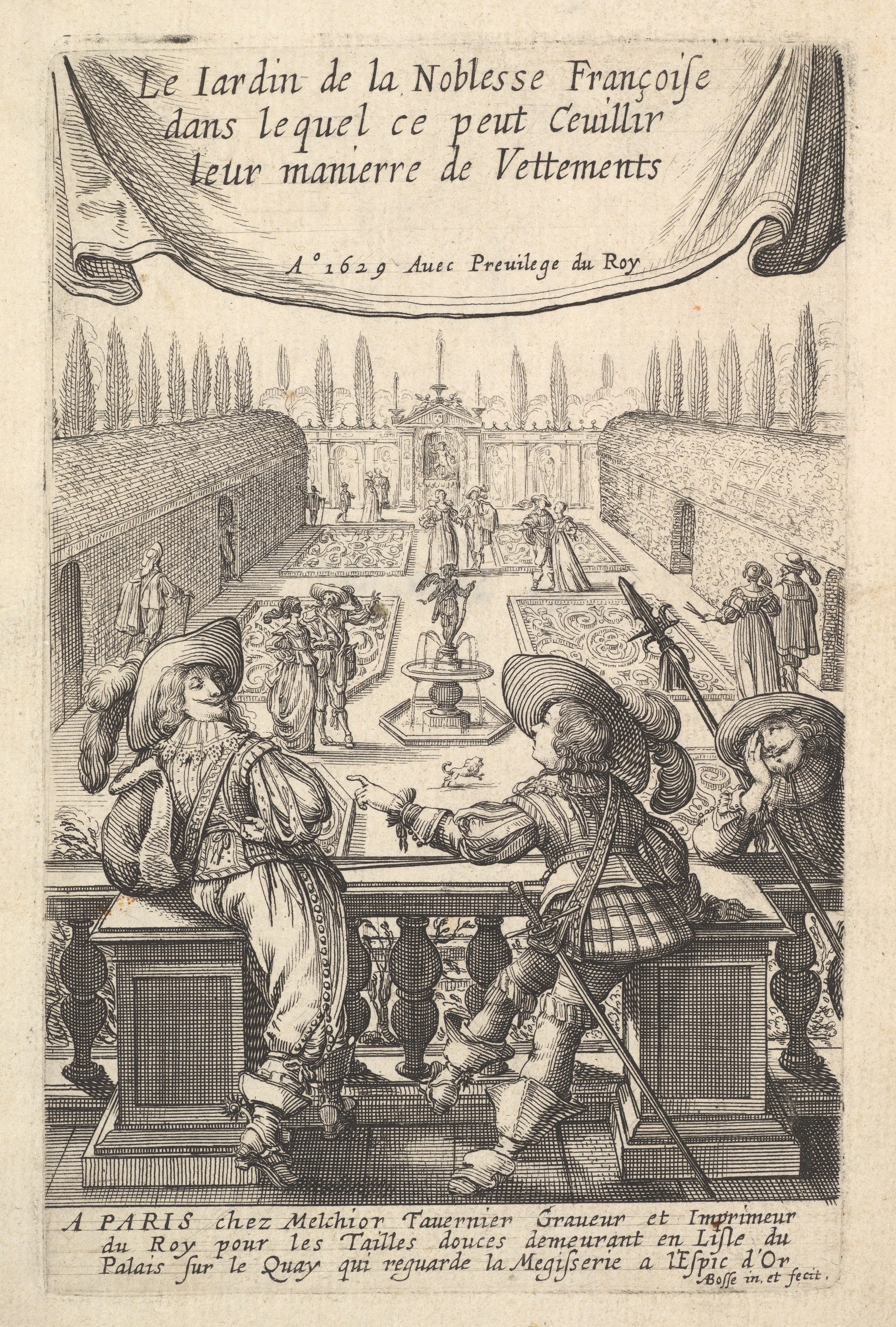 Three Gentlemen Leaning on a Banister Overlooking a Garden where Lovers Stroll, from "The Garden of the French Nobles In Which One Can Pick Up Their Way of Dressing"