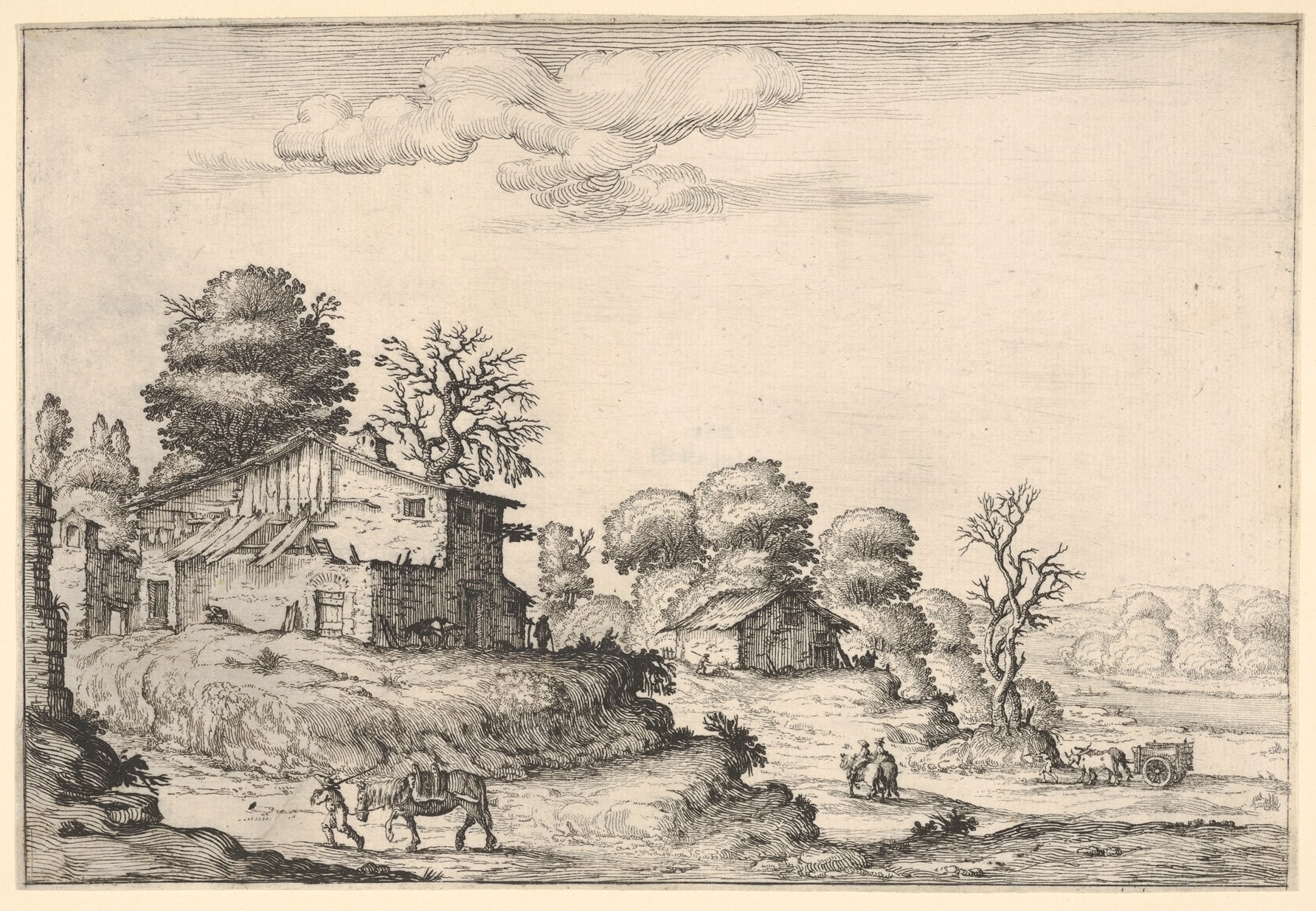 Landscape with peasant dwellings and a man leading a horse in the left foreground, from a series of landscapes dedicated to the Grand Duke of Tuscany