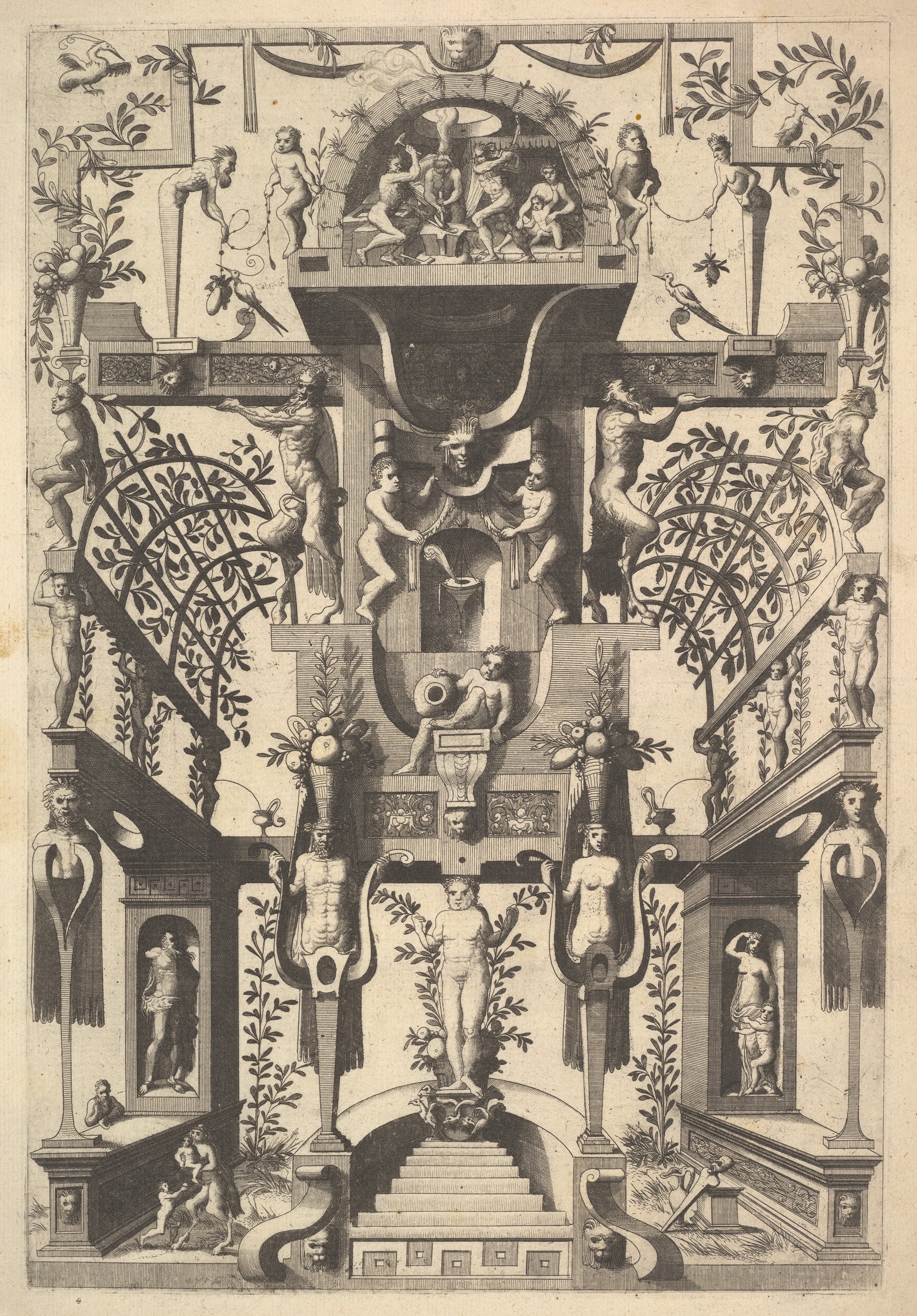 Fantastic Architecture Structure with Strapwork and Two Pergolas and a Small Scene with Vulcan's Forge at the Top