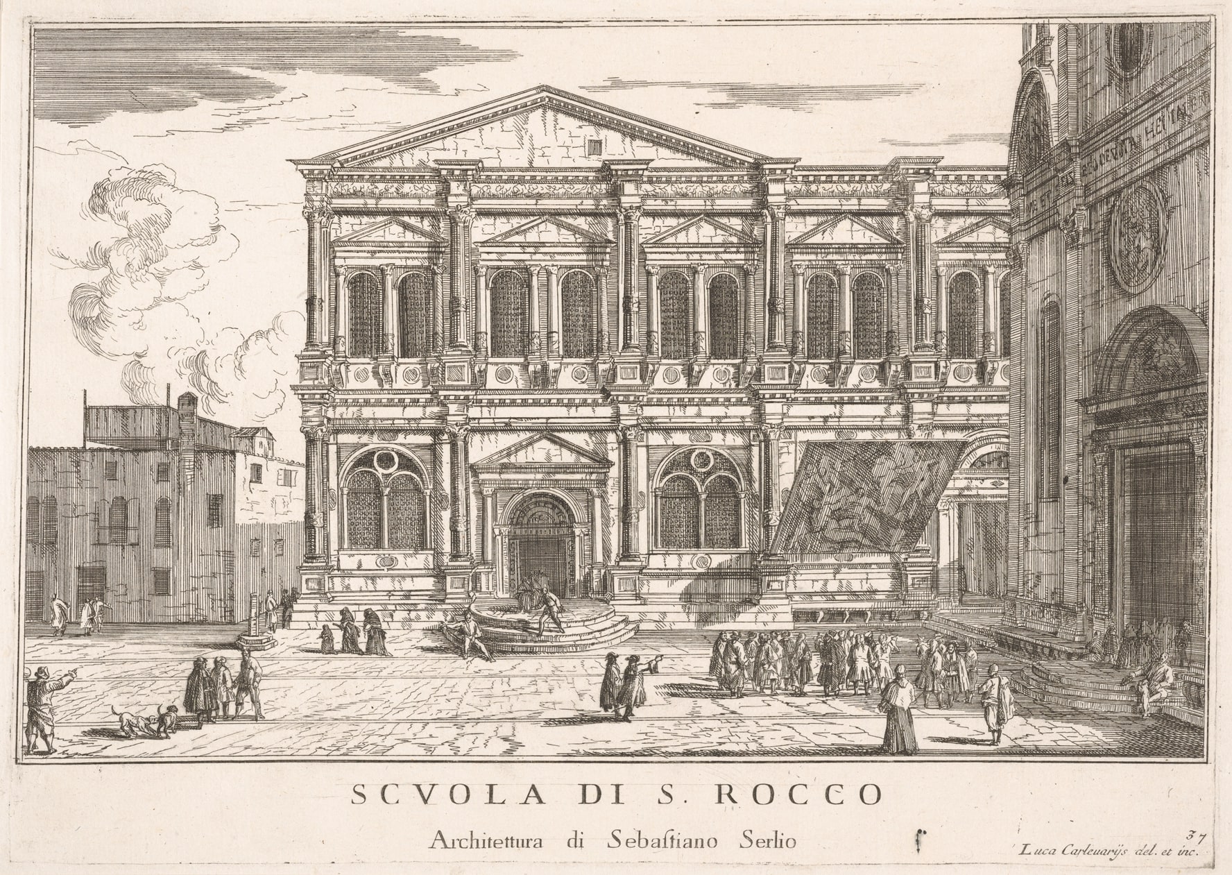 Plate 37: Side view of the school of St. Roch at left and view of facade of the church of St. Roch, Venice, 1703 from the series 'The buildings and views of Venice' (Le fabriche e vedute di Venezia)
