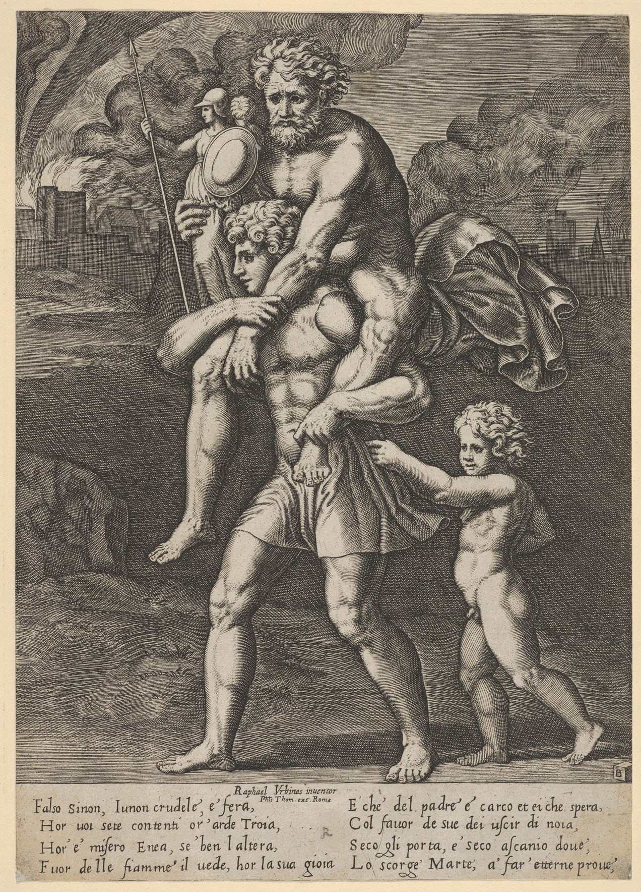 Aeneas carrying Anchises on his shoulders while Troy burns in the background